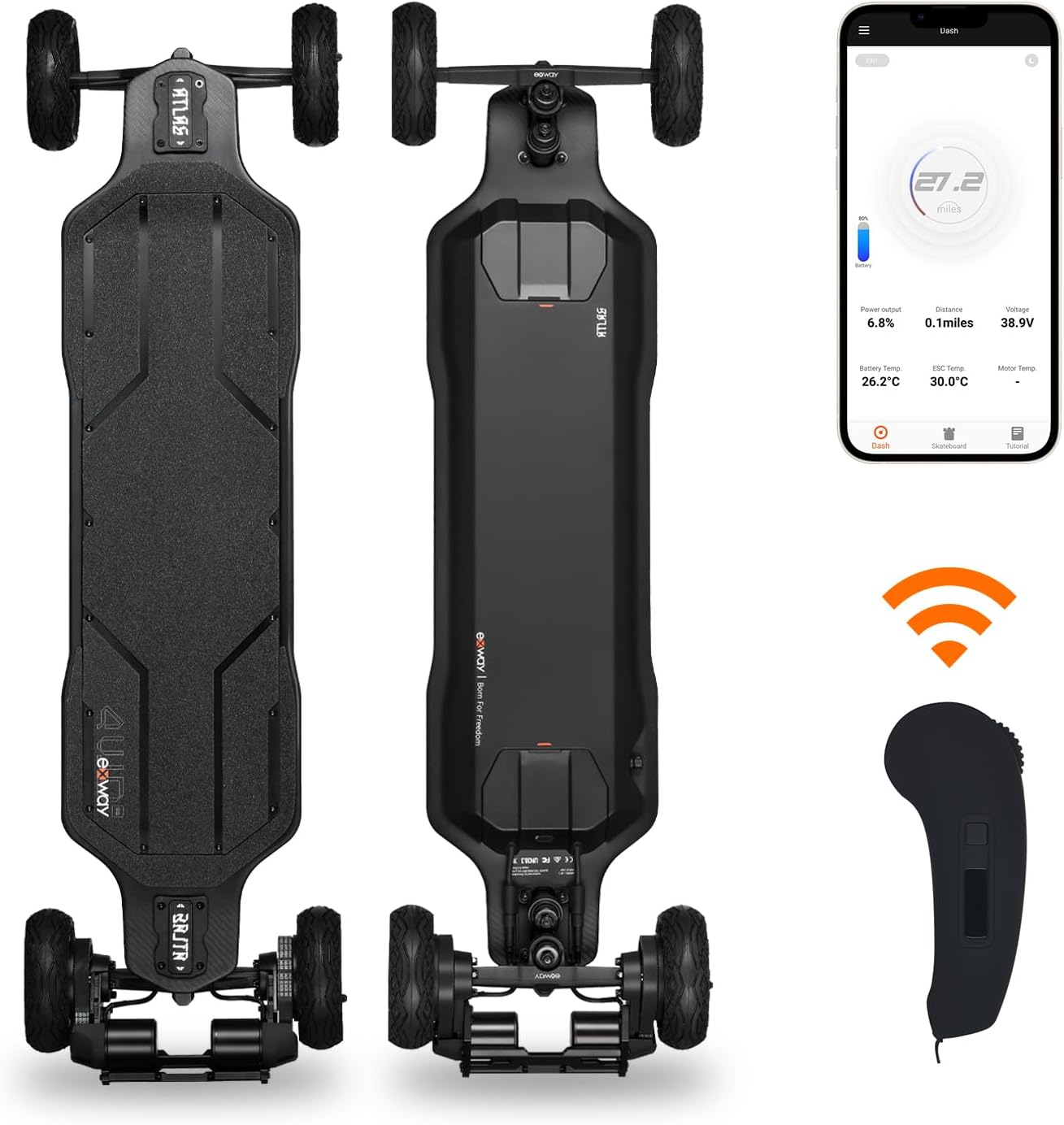Exway Atlas Carbon-2WD All-Terrain Electric Skateboards, All-Weather Pneumatic Tires, Top Speed of 30 Mph, 19miles Range, IP55 Waterproof, 780 LBS Max Load, Electric Longboard for Adults