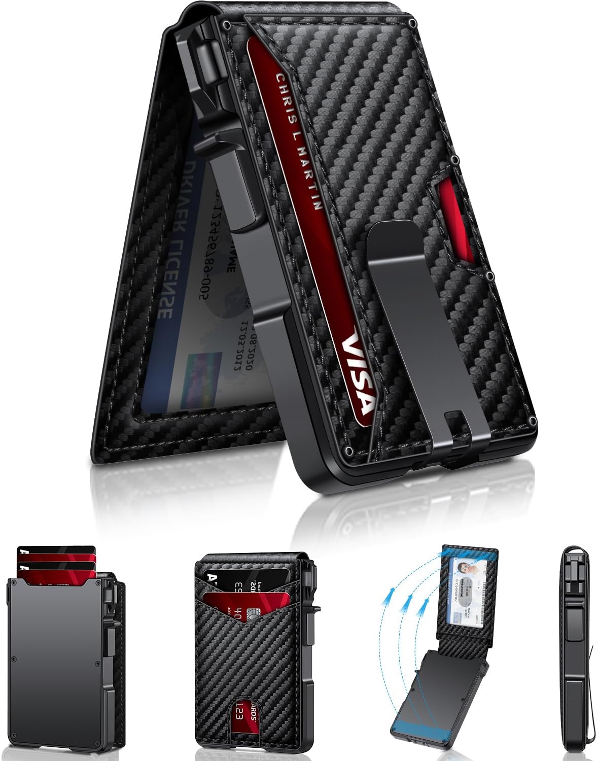 Wallet for Men, Mens Minimalist Wallet 9-13 Cards, Slim Compact Wallet with Money Clip & ID Window, RFID Blocking Smart Pop Up Card Wallet, Metal Aluminum Credit Card Holder Bifold Wallet