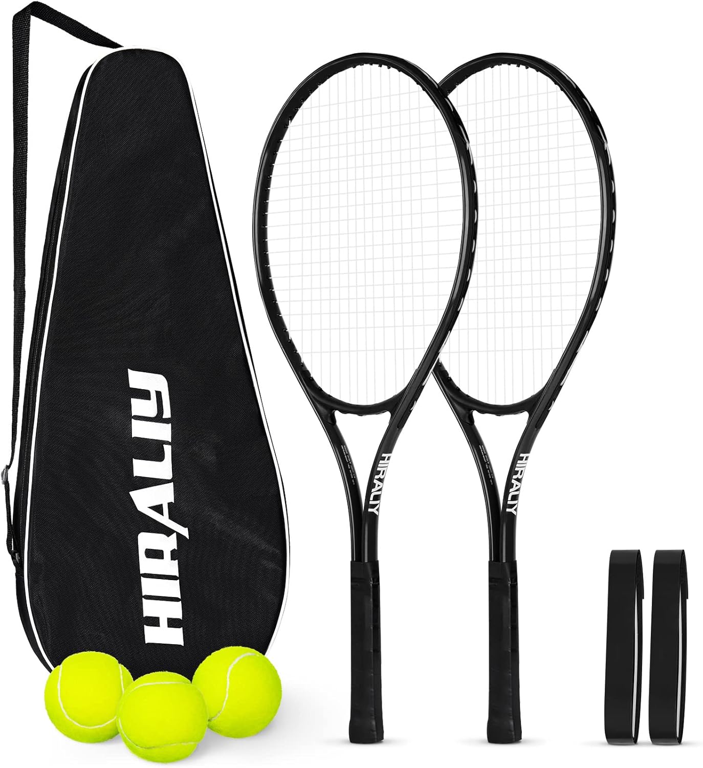 HIRALIY 27" Tennis Rackets Set for Adults, 2 Player Pre-Strung Tennis Racquets, 2 Overgrip Tapes,3 Balls, and 4 Carrying Bag, Outdoor Recreational Sport for Beginner, Men, Women
