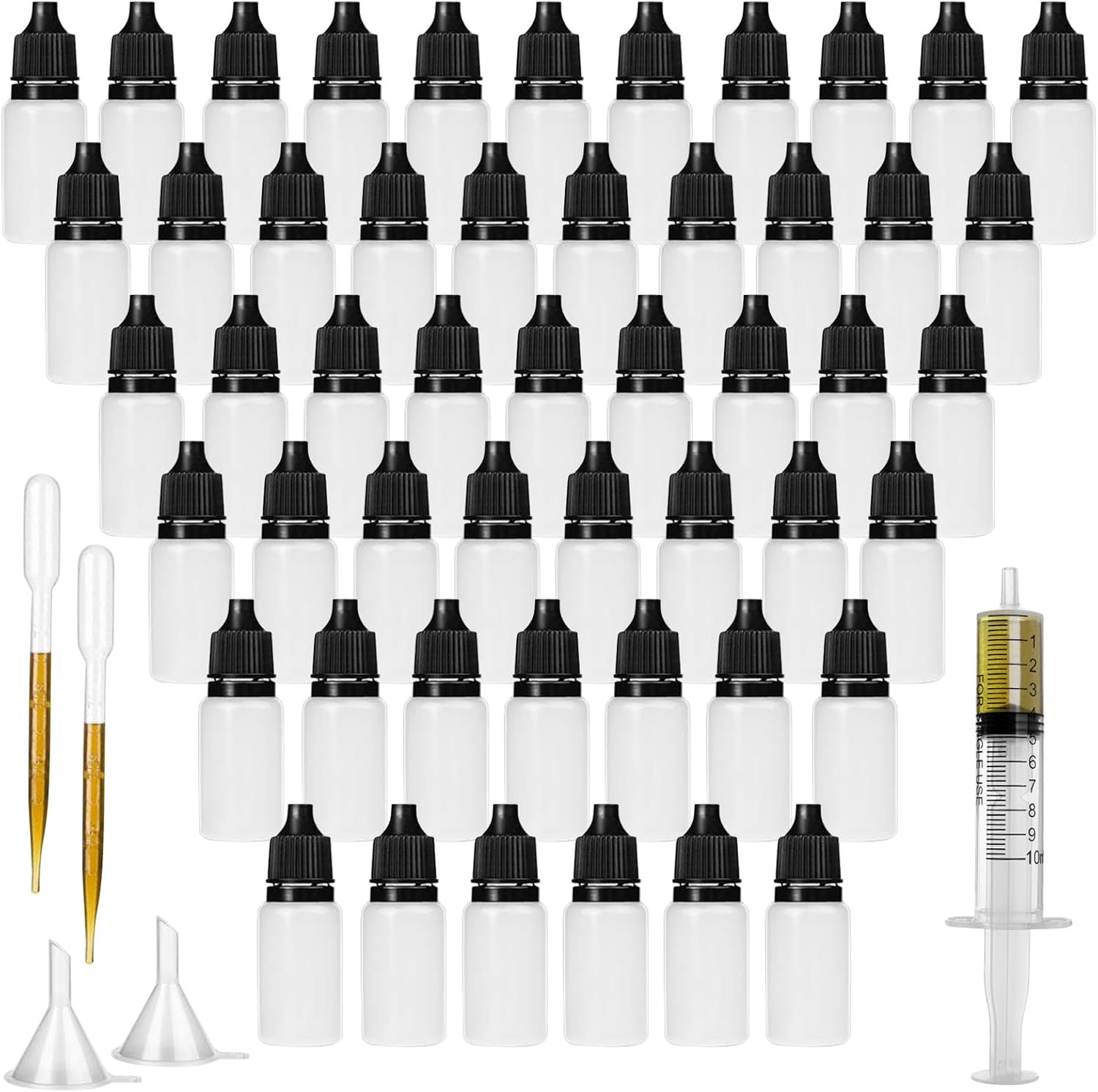 DONQL 50 PCS Plastic Dropper Bottles - 10ml Empty Squeezable Eye & Paint Dropper Bottles with 10ml Syringe, 2 Funnels, 2 Pipette & 2 Label
