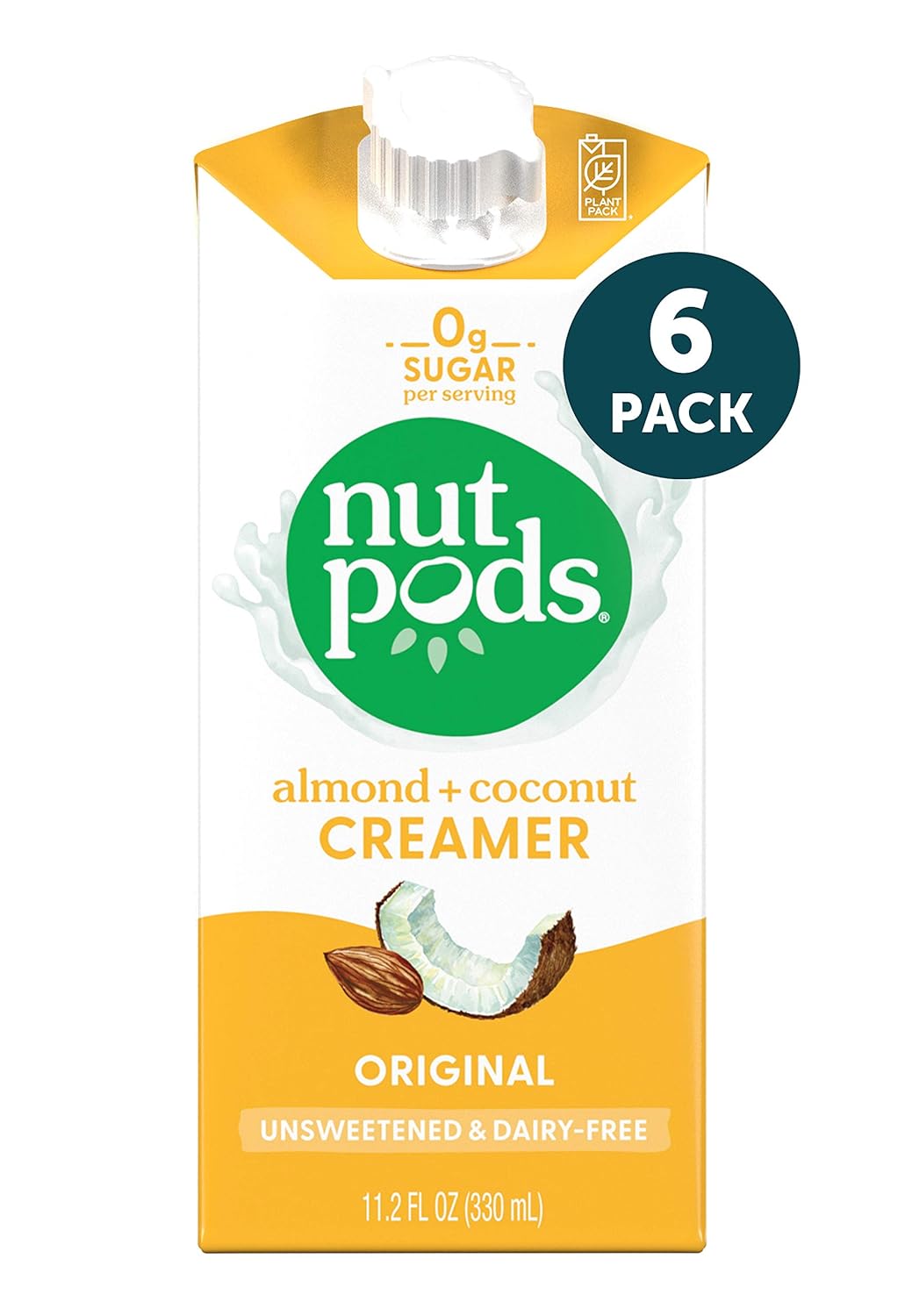 nutpods Original, (6-Pack), Unsweetened Dairy-Free Creamer, Made from Almonds and Coconuts, Whole30, Gluten Free, Non-GMO, Vegan, Kosher