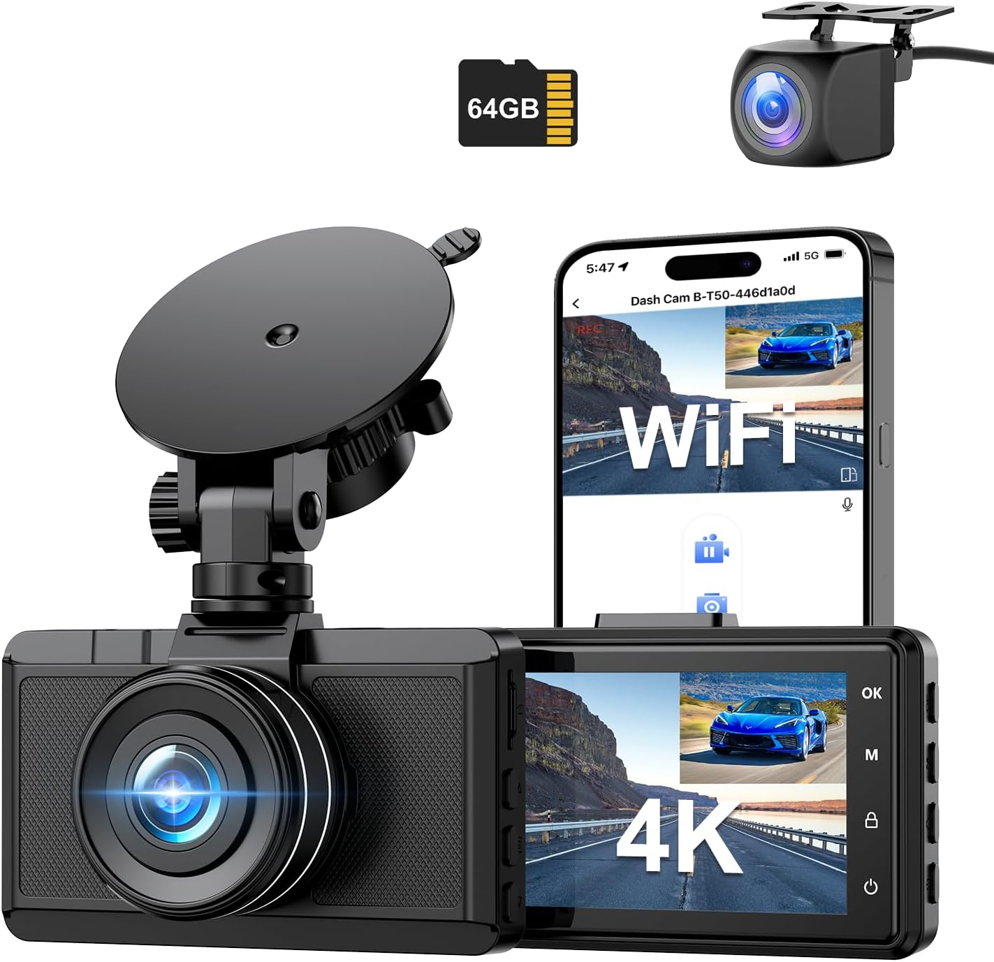 Dash Cam Front and Rear Camera, CHORTAU 3Inch Screen WiFi Dash cam, Upgraded 4K+1080P Dash Camera for Cars, Dashboard Camera with Free 64GB Card, Type-C Port, Parking Monitor, Super Night Vision