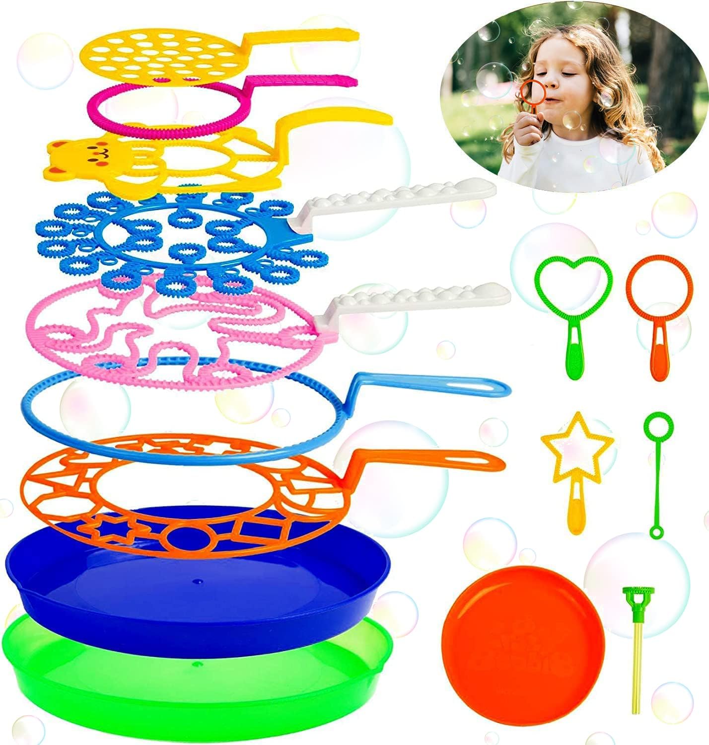 Roberly 15 Pack Bubble Wands Set with Tray Bulk Funny Bubble Making Toy for Kids - Summer Outdoor Toys & Also Gifts for Kids Birthday Games Party Favors
