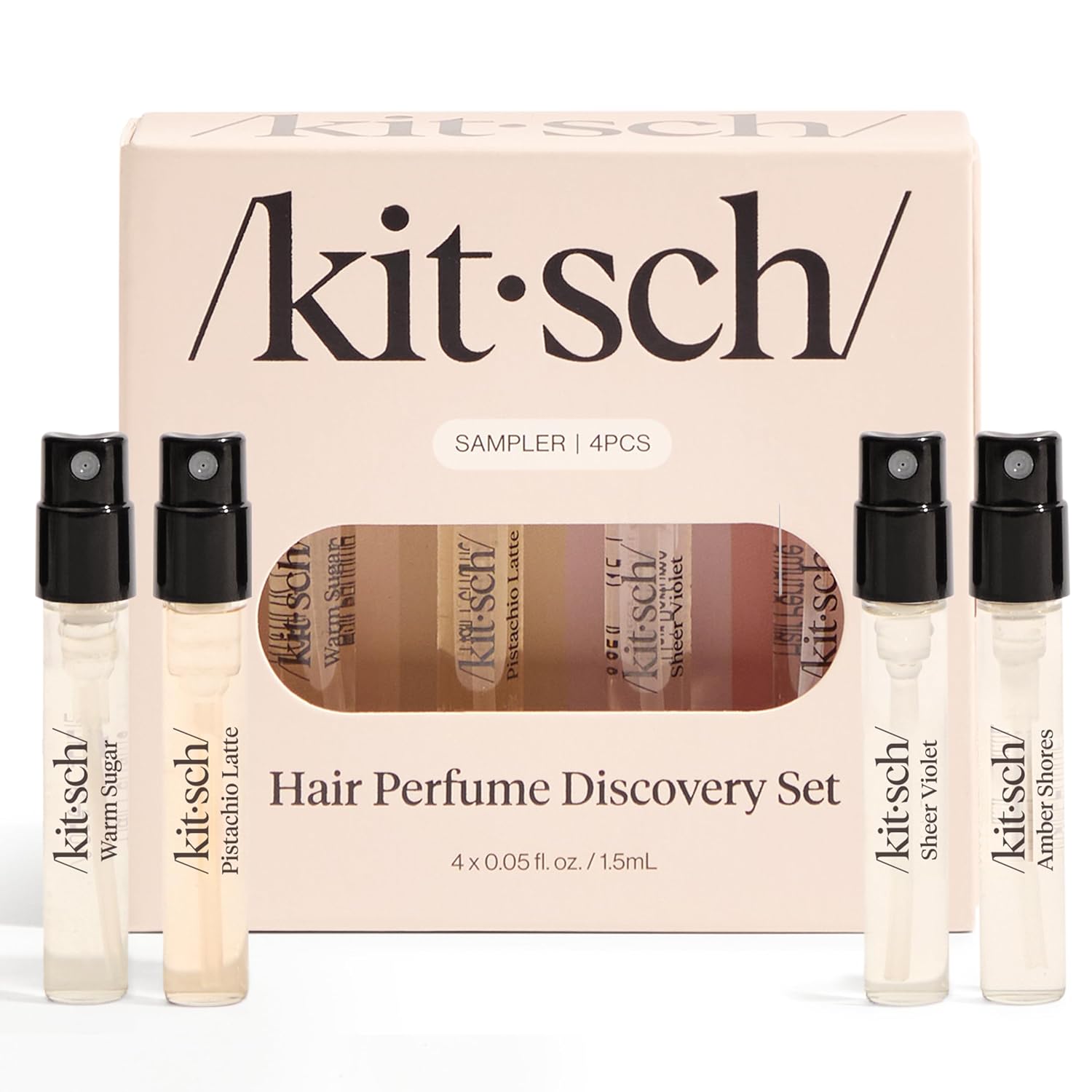Kitsch Hair Perfume For Women (Discovery Set) - Pistachio Latte, Warm Sugar, Sheer Violet & Amber Waves - Patented Odor-Eliminating Technology, Body Mist - Freshen Hair, Body & Pillows - 4x1.5mL