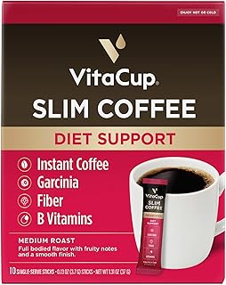 VitaCup Slim Instant Coffee Packets, with Garcinia, Fiber, B Vitamins, Bold & Smooth, Medium Dark Roast, 100% Arabica Coffee in Single Serve Sticks, 10 Ct