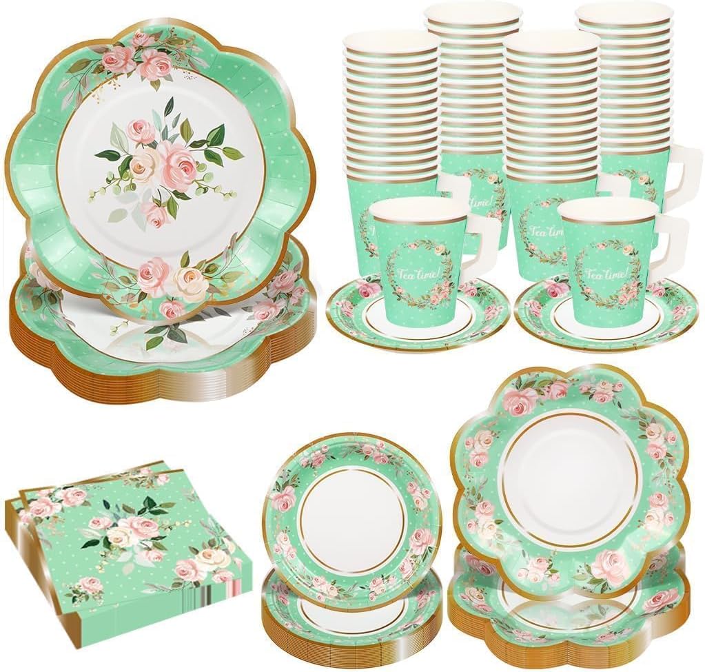 TWOWYHI 136Pcs Floral Tea Party Supplies for 25 Floral Tea Cups with Handle 9” 7” Tea Paper Plates Disposable Flower Cups and Saucers Sets for Garden Birthday Bridal Wedding,Green