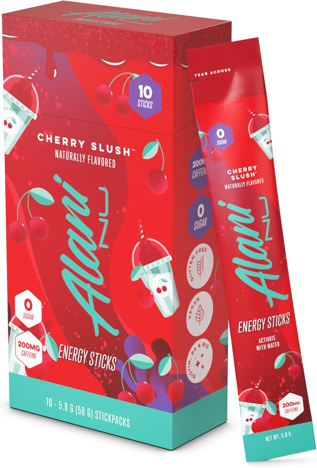 Alani Nu Energy Stick Packets, Activate with Water, 200mg Caffeine, Zero Sugar, 30mcg Biotin, Formulated with Amino Acids Like L-Theanine to Prevent Crashing, Cherry Slush, 10 Sticks Per Pack