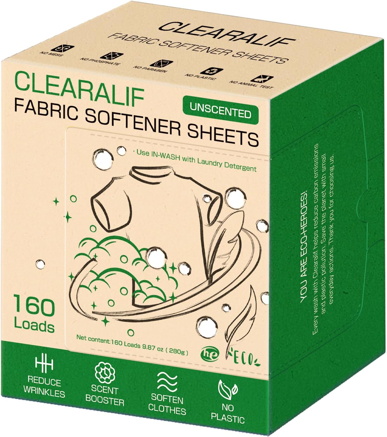CLEARALIF laundry Fabric Softener Sheets, Unscented, 160 Loads, Eco Friendly, Great For Travel, Apartments, Dorms.