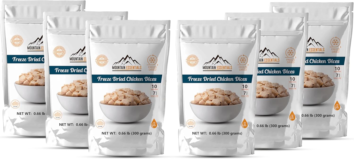 MOUNTAIN ESSENTIALS Freeze Dried Diced Chicken Fully Cooked and Ready to Eat | Everyday Pantry Staple for Meal Prep, Camping & Emergency Survival 10 Servings Per Pouch Made in USA 7-Year Shelf Life
