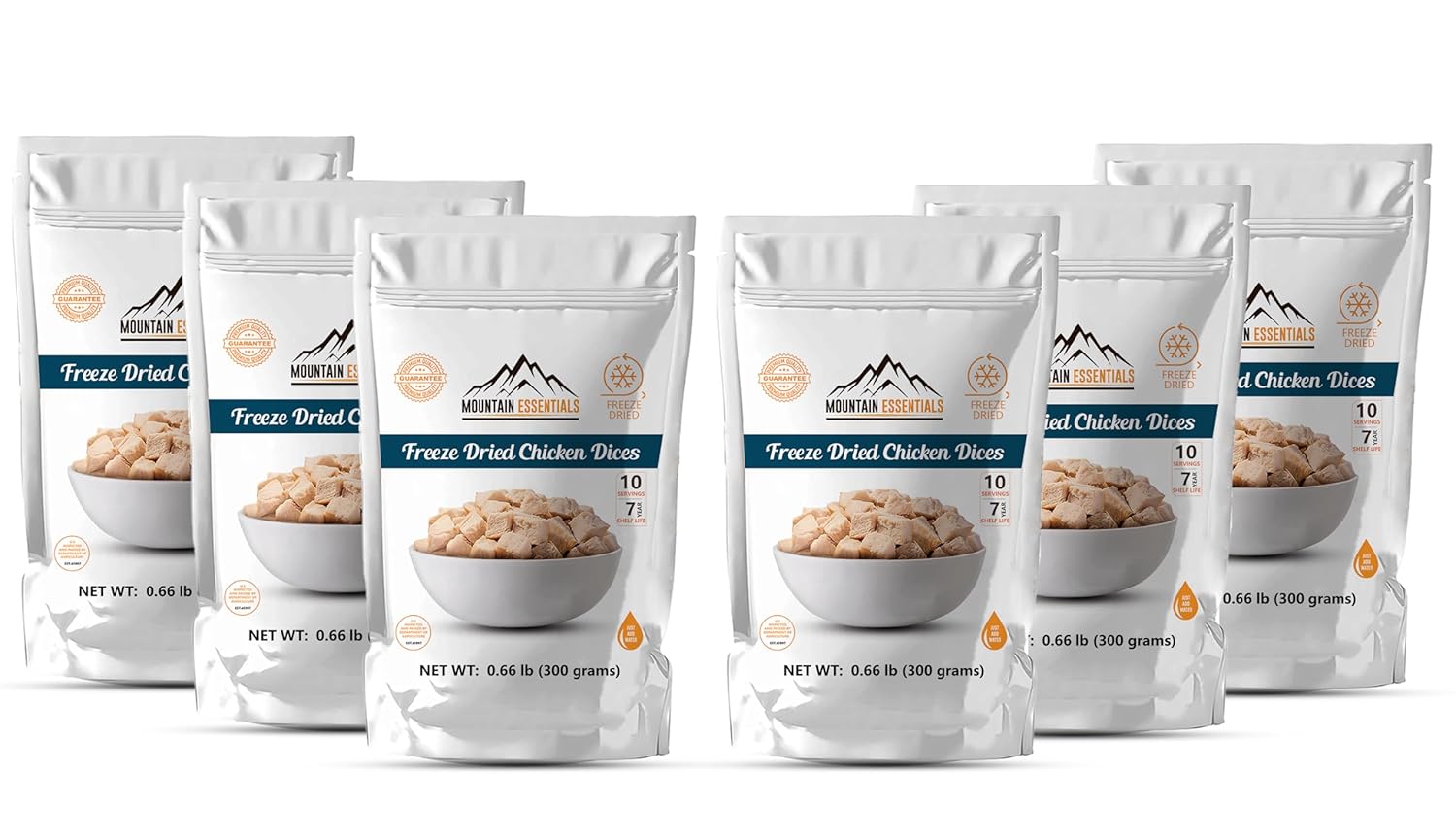 MOUNTAIN ESSENTIALS Freeze-Dried Diced Chicken – Fully Cooked and Ready to Eat | Everyday Pantry Staple for Meal Prep, Camping & Emergency Survival | Premium Quality Meat | 10 Servings per Pouch | Made in USA | 7-Year Shelf Life | Pack of 6