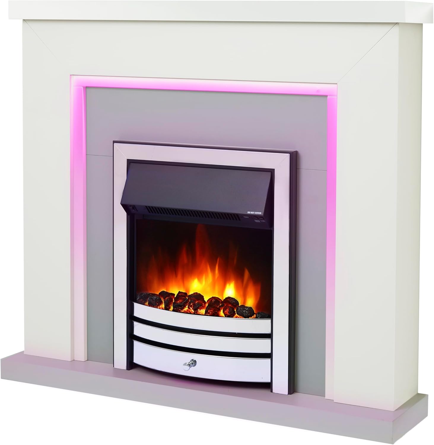 Endeavour Fires Bempton 42" Electric Fireplace Suite with Flame Effect & Coal Bed, Remote Control, Custom Surround, 13-Colour LED Lighting, Eco Heater, White Top/Grey Hearth/Chrome Fire