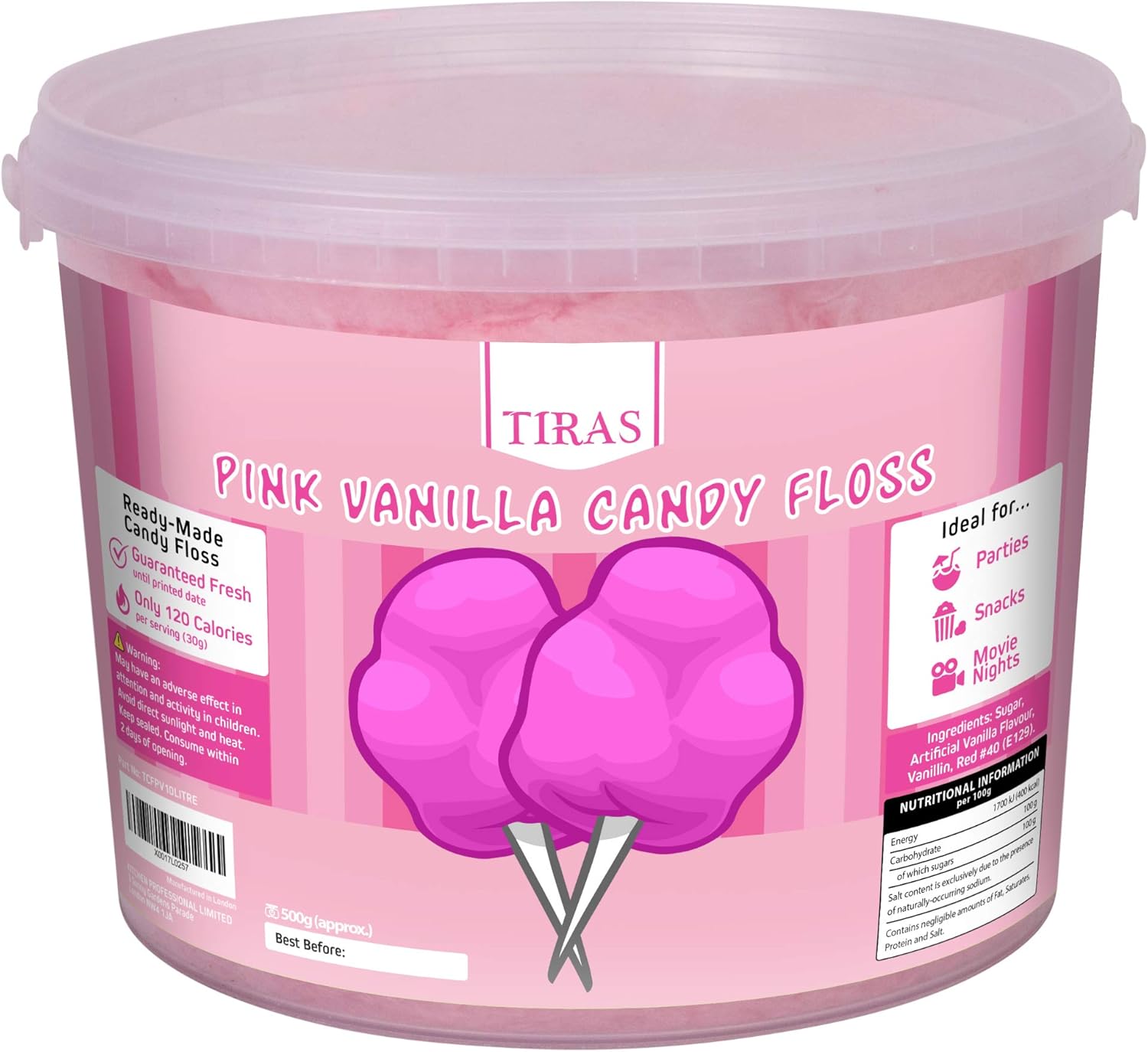 Pink Vanilla Candy Floss - Prepared Fluffy Cotton Candy, Perfect for Parties and Events - Large Candy Floss Tub (500g)