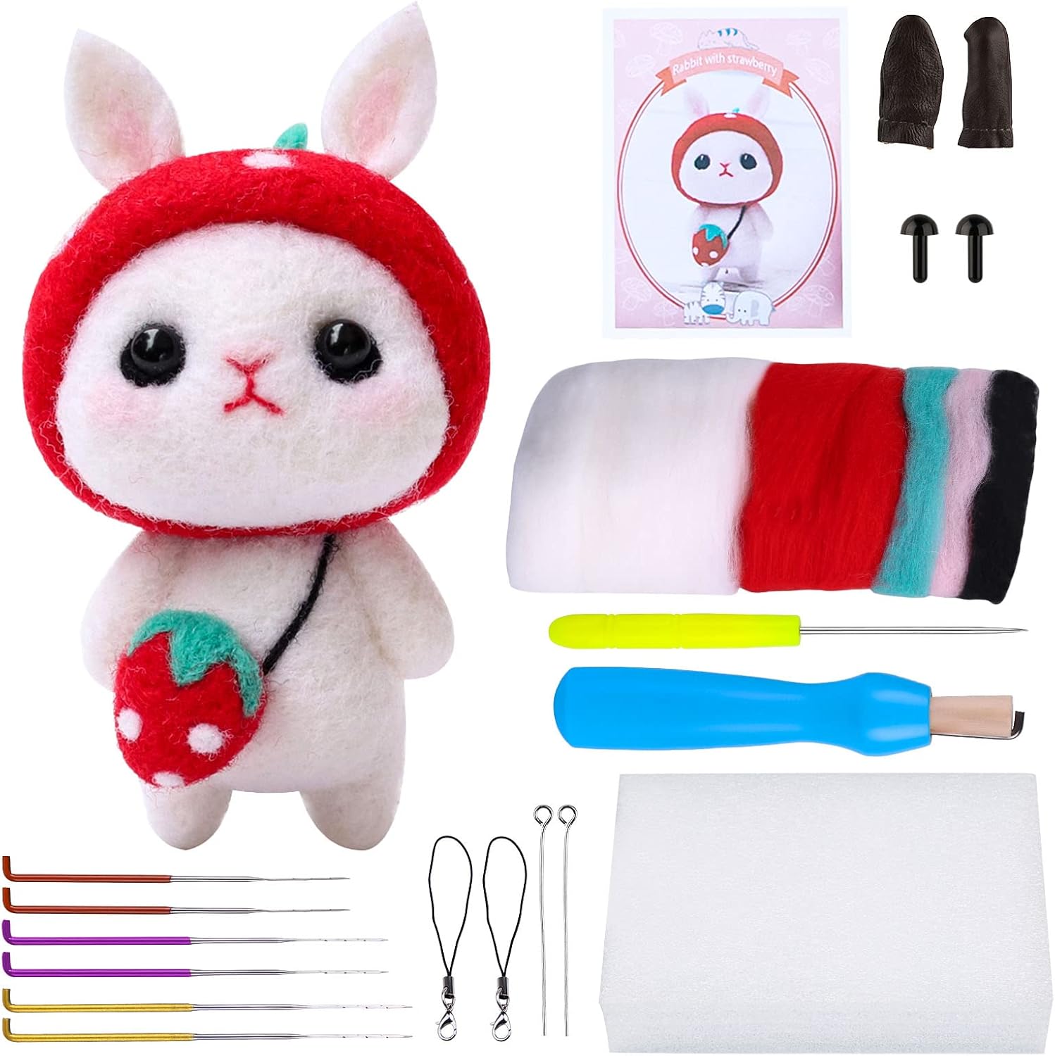 BAGERLA 1 Set Animal Needle Felting Kit, Wool Needle Felting Beginner Kits with Instructions and Needle Felting Basic Tools, Needles, Finger Cots, Felting Foam Mat, awl, Key Chains and Packing Box
