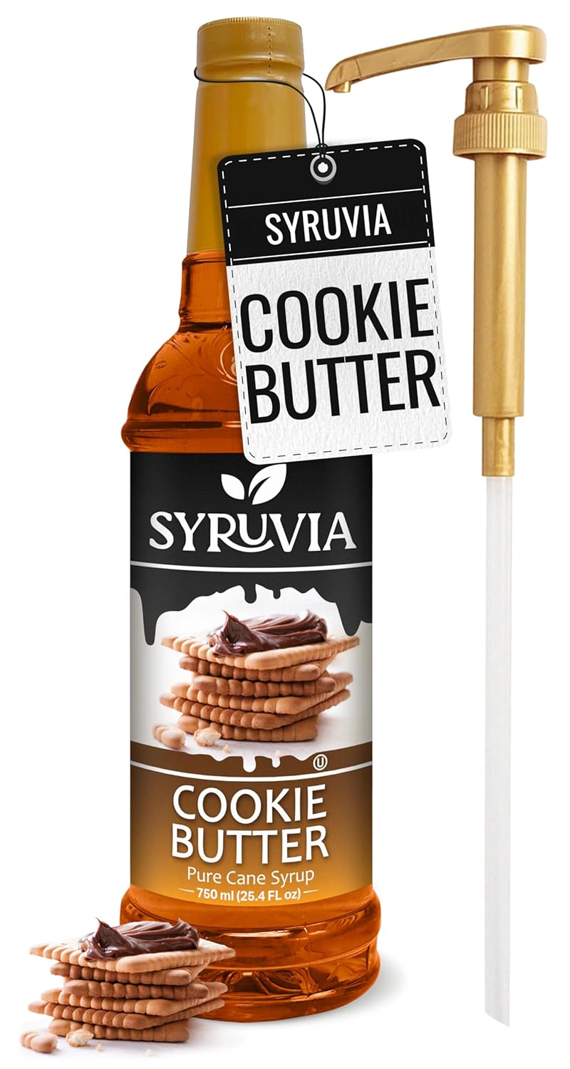 Syruvia Cookie Butter Coffee Syrup - 25.4 fl oz Premium Coffee Flavoring Syrup - Kosher Coffee Syrups, Gluten Free, No Coloring, Perfect for Drinks, Soda, Shakes, Desserts, and More With Syrup Pump