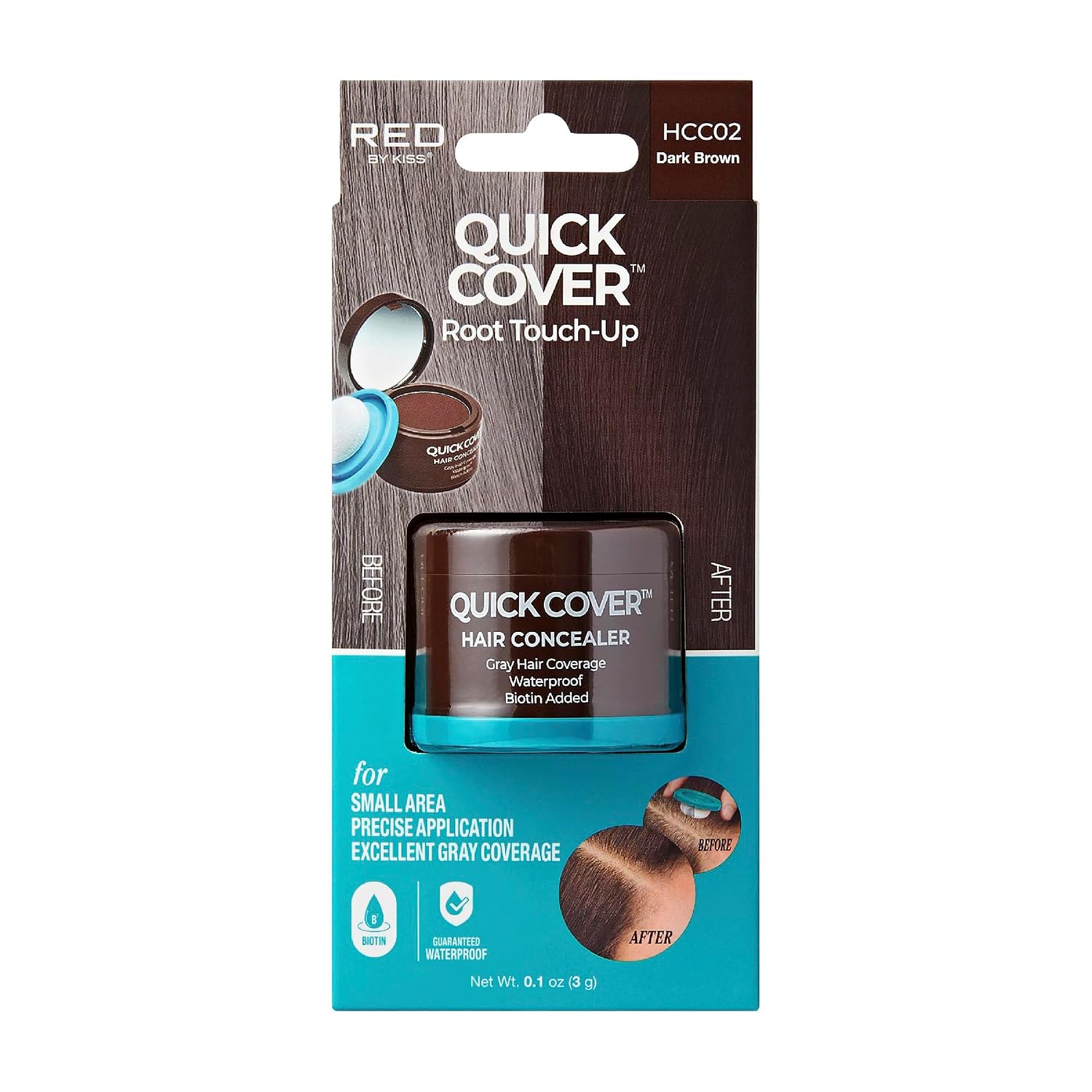 Red by Kiss Quick Cover Hair Concealer, Temporary Root Touch-Up, Precision Gray Coverage, Lightweight & Waterproof, Biotin Infused (Dark Brown)