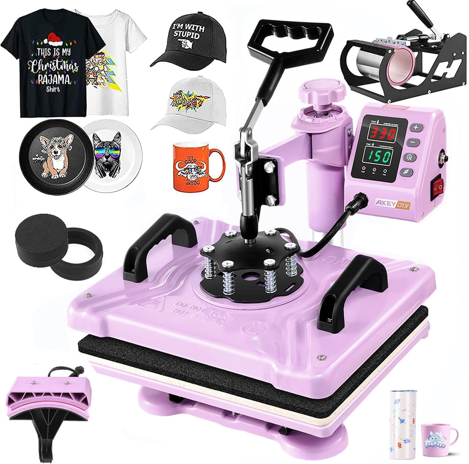 AKEYDIY 5 in 1 Heat Press Machine for t Shirts Professional Swing Away Heat Press Digital Combo 12" x 15" 360-degree Rotation Shirt Press Machine Sublimation (5 in 1 Heat Press Pink)