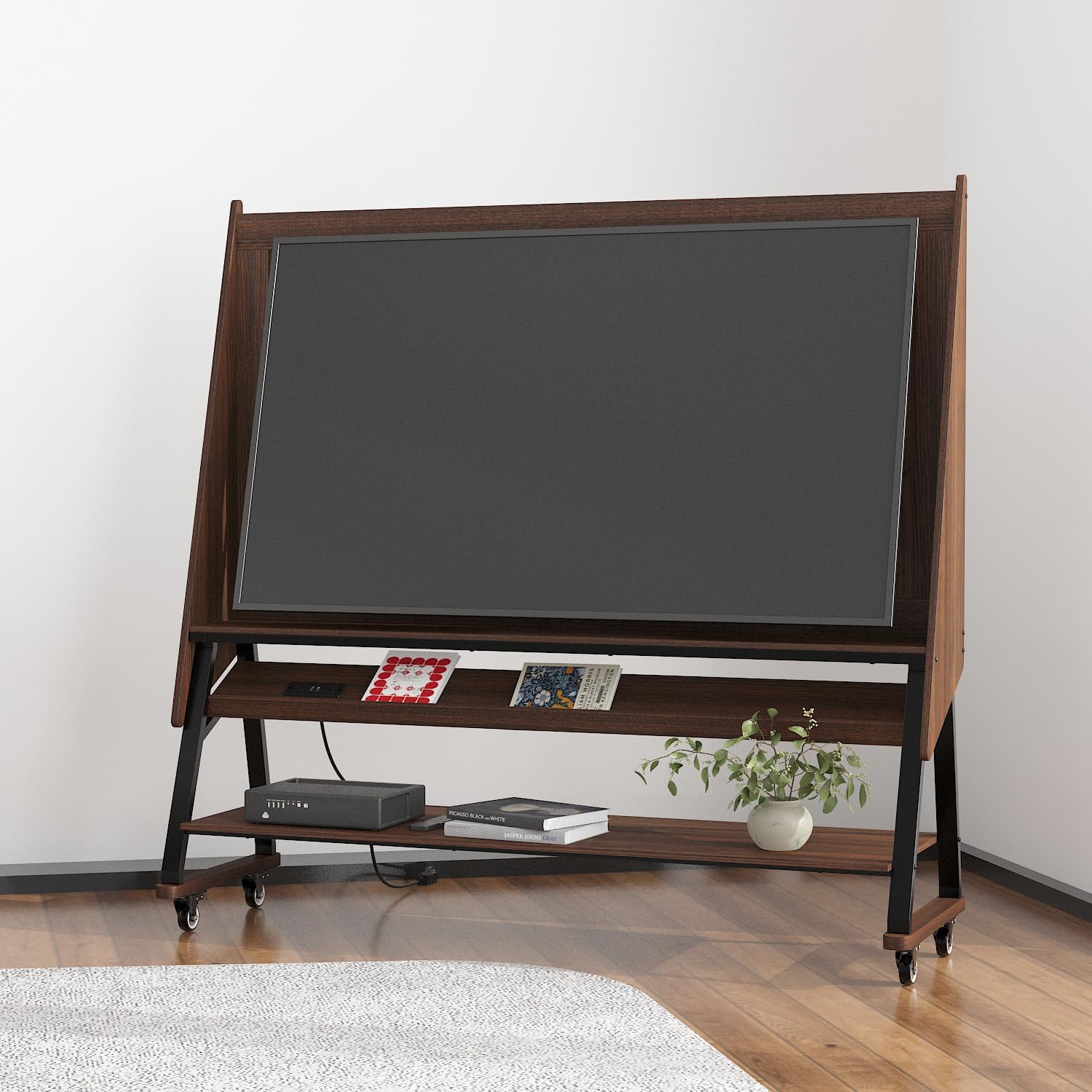 60" W Mobile TV Stand with Mount, Rolling Floor Media Console TV Cart, Wood Corner Monitor Stand with Shelves & Charging Station, for LCD/LED Flat Screens in Home Office, Brown Wood