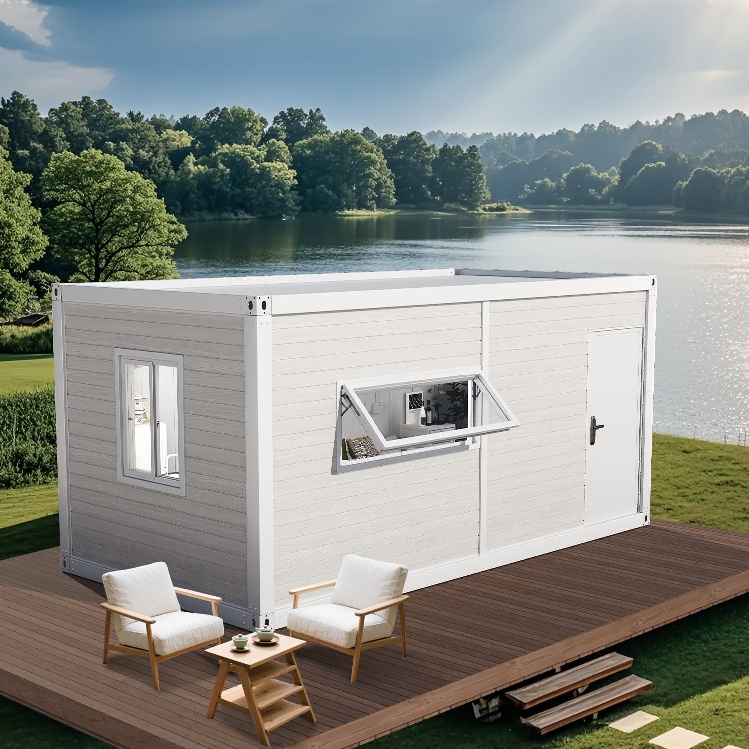 AMGUI Single Storey Tiny House: Modern Prefabricated Flat Pack House with Expandable Plastic Design, Portable Modular Home for Hotel, Office or Villa - Includes Bathroom and On-site Installation