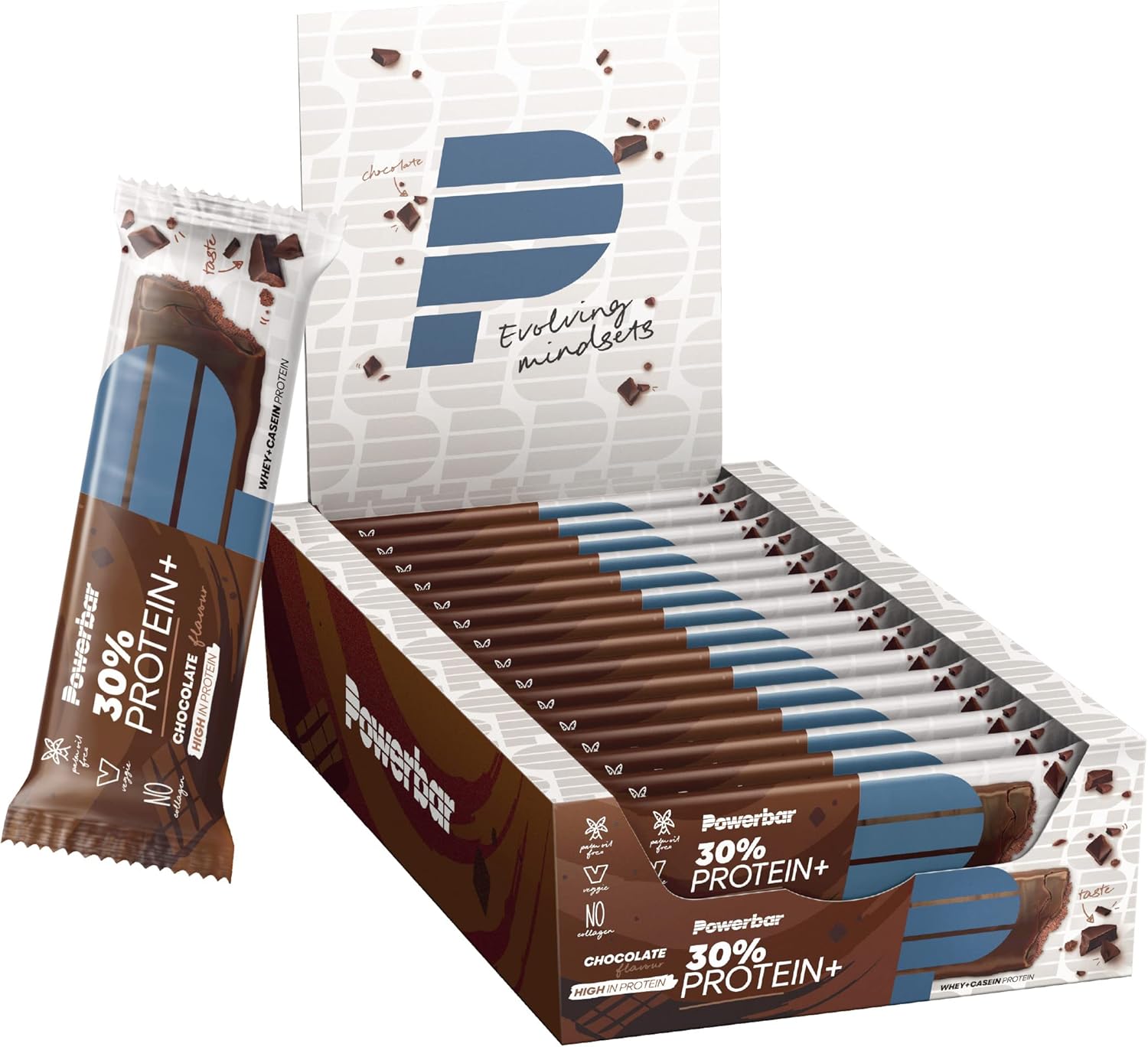 Powerbar 30 Percent Protein Plus Chocolate 15 x 55 g - High Protein Bar + Whey and Casein Protein