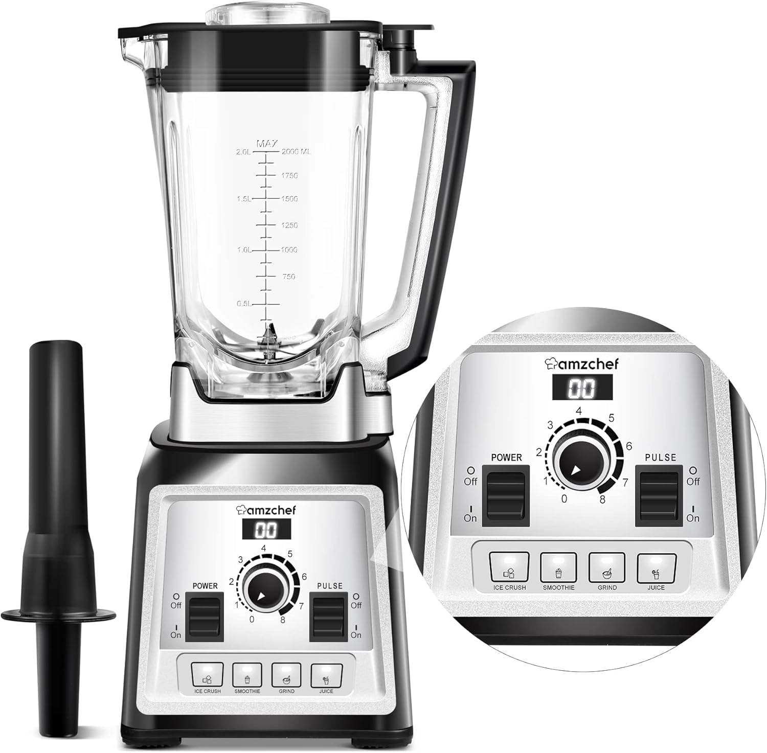 AMZCHEF Blender Smoothie Maker - 2000W Commercial Blender with 2L BPA Free Container - 25000RPM High Speed blender with 8 Speeds Control for kitchen - 4 Presets for Ice/Juice/Smoothie/Nuts