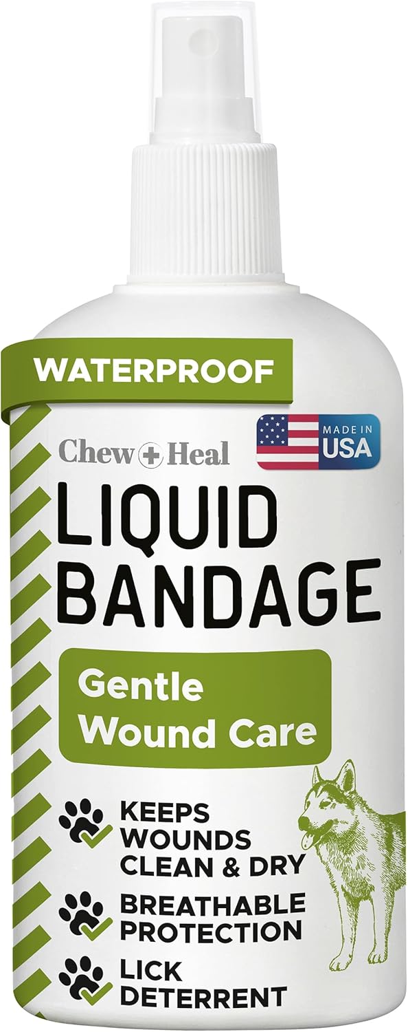 Liquid Bandage for Dogs 4oz Waterproof Spray - Chew + Heal Labs Wound Care with Aloe for Cuts, Scrapes, Stitches, Paw Injuries - Breathable, Safe if Licked