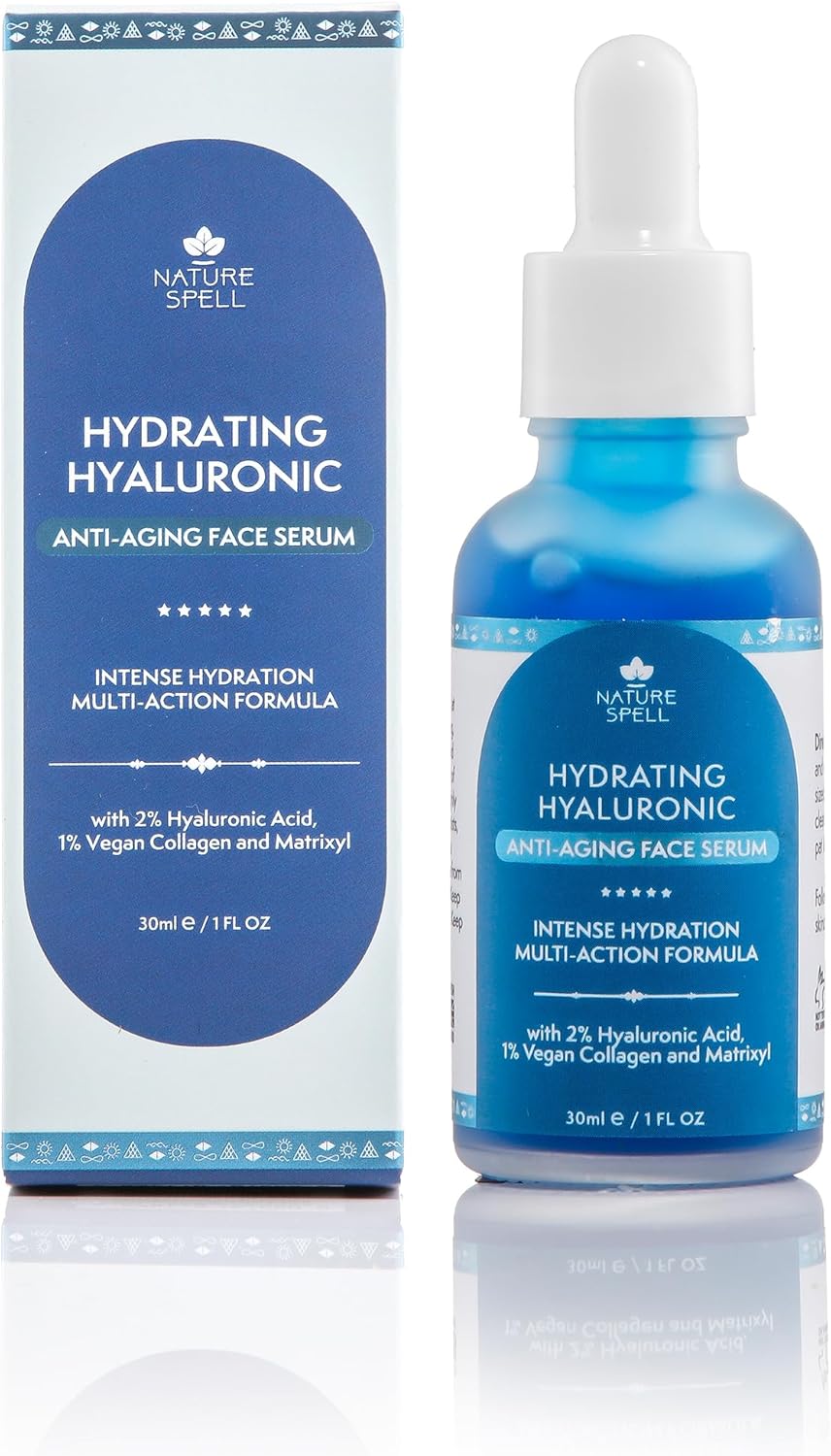 Nature Spell 2% Hyaluronic Acid Face Serum 30 ml – Infused with 1% Vegan Collagen + Matrixyl 3000 - Anti Aging Serum - Reduces visibility of fine lines & wrinkles – 100% Vegan – Made in the UK