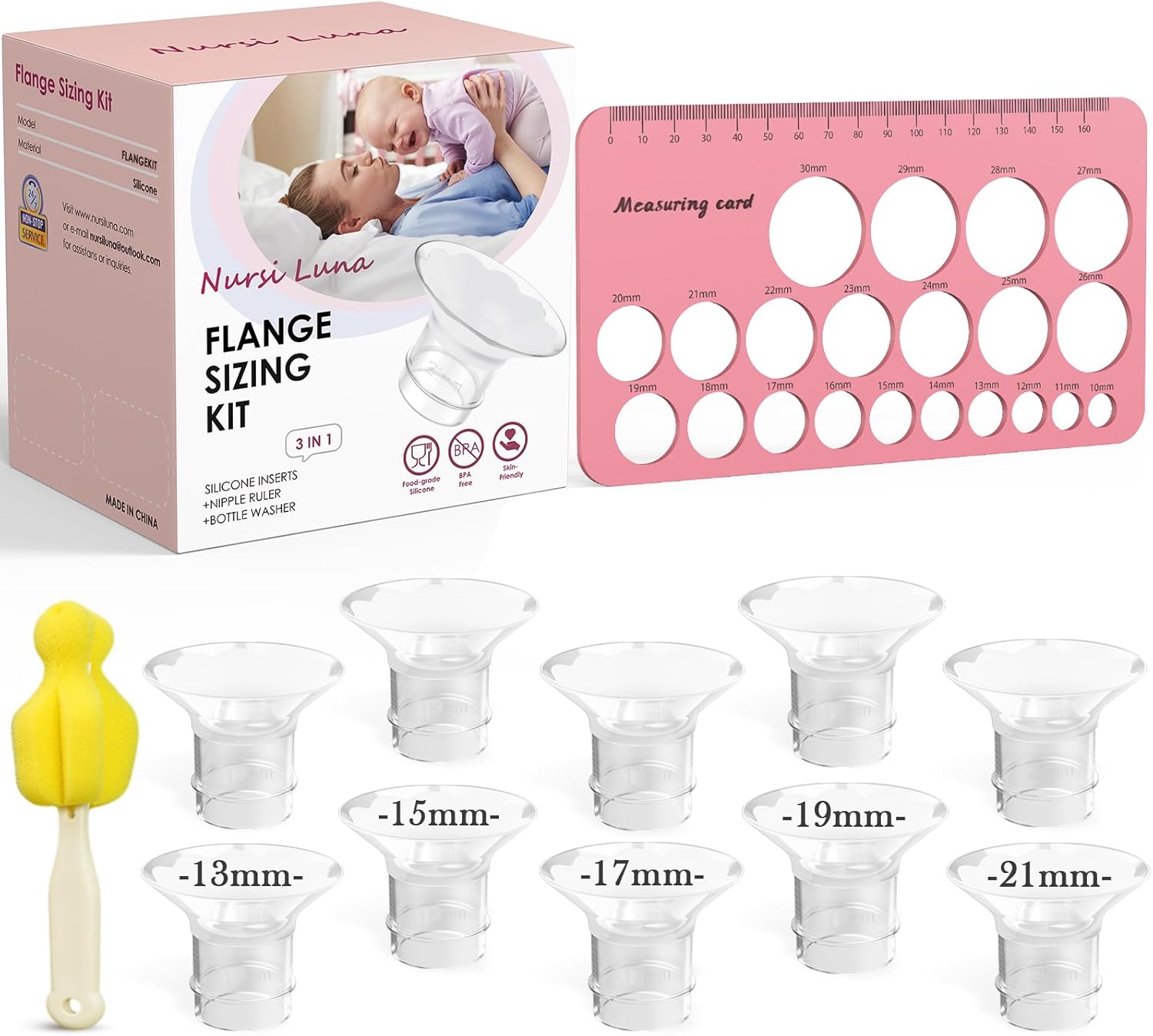 Flange Sizing Kit 3 in 1 with 10PCS Flange Inserts 13/15/17/19/21mm, Silicone Breast Pump Flanges Insert Kit for 24mm Electric Breast Pump, Pumping Breastfeeding Essentials Kit for New Mom