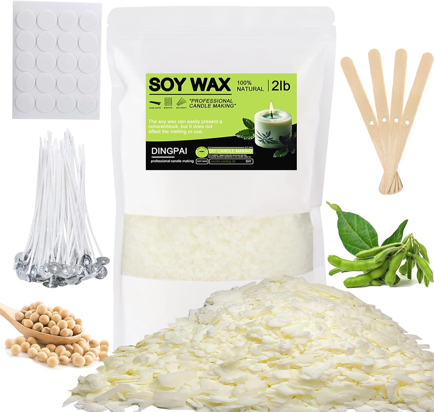 DINGPAI Natural Soy Wax for Candle Making, 2lb Organic Soy Wax Flakes, Premium Soy Candle Wax for Candle Making Supplies, Pure Candle Wax from Farm, No Harmless, Additives