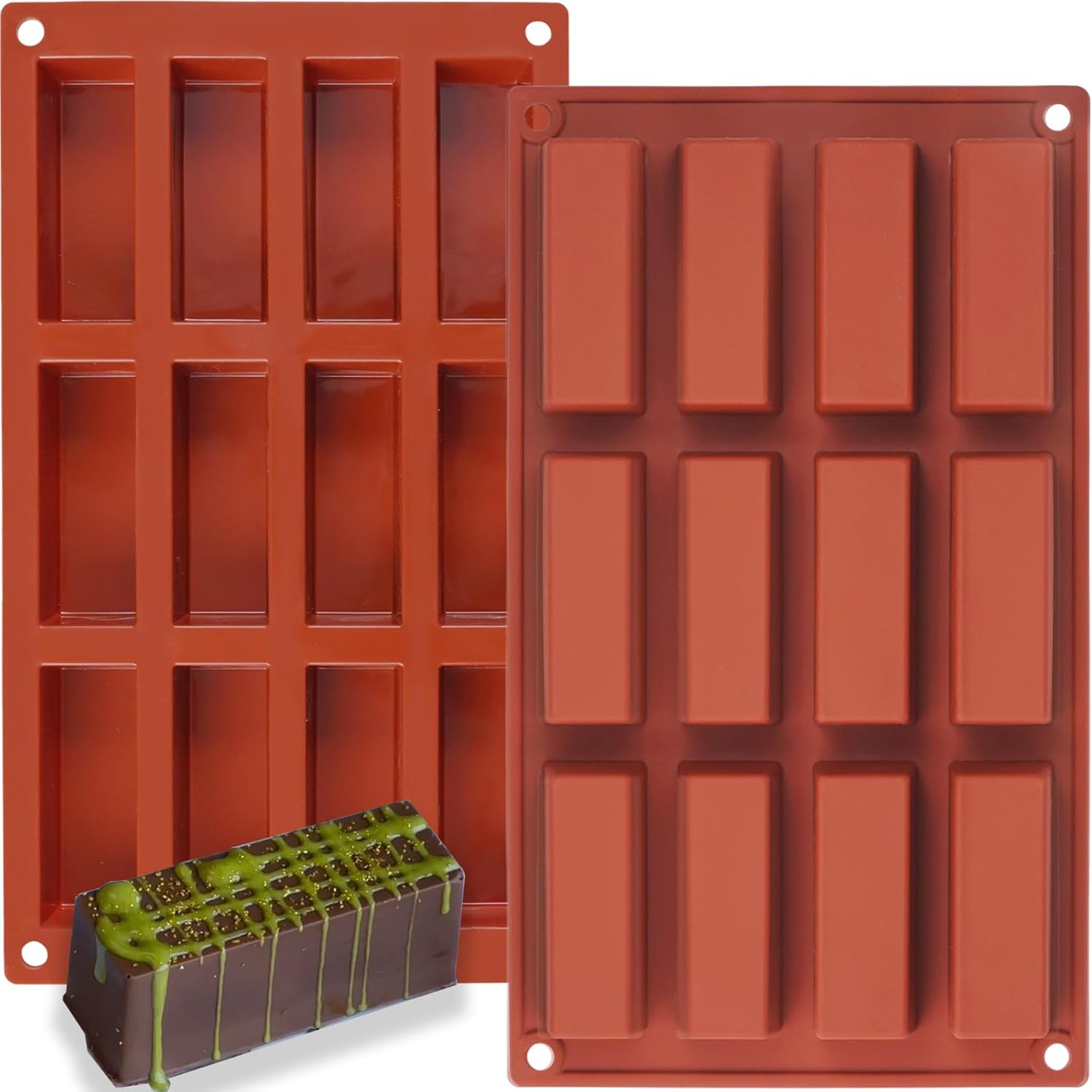 Chocolate Bar Moulds Rectangle 1.2 in Deep Stuffed, 12 Cavities 2-Pack for Granola Candy Butter Bar Rice Crisps Protein Bar Brownie Cornbread Cheesecake Soap Moulds Food Grade Homemade DIY