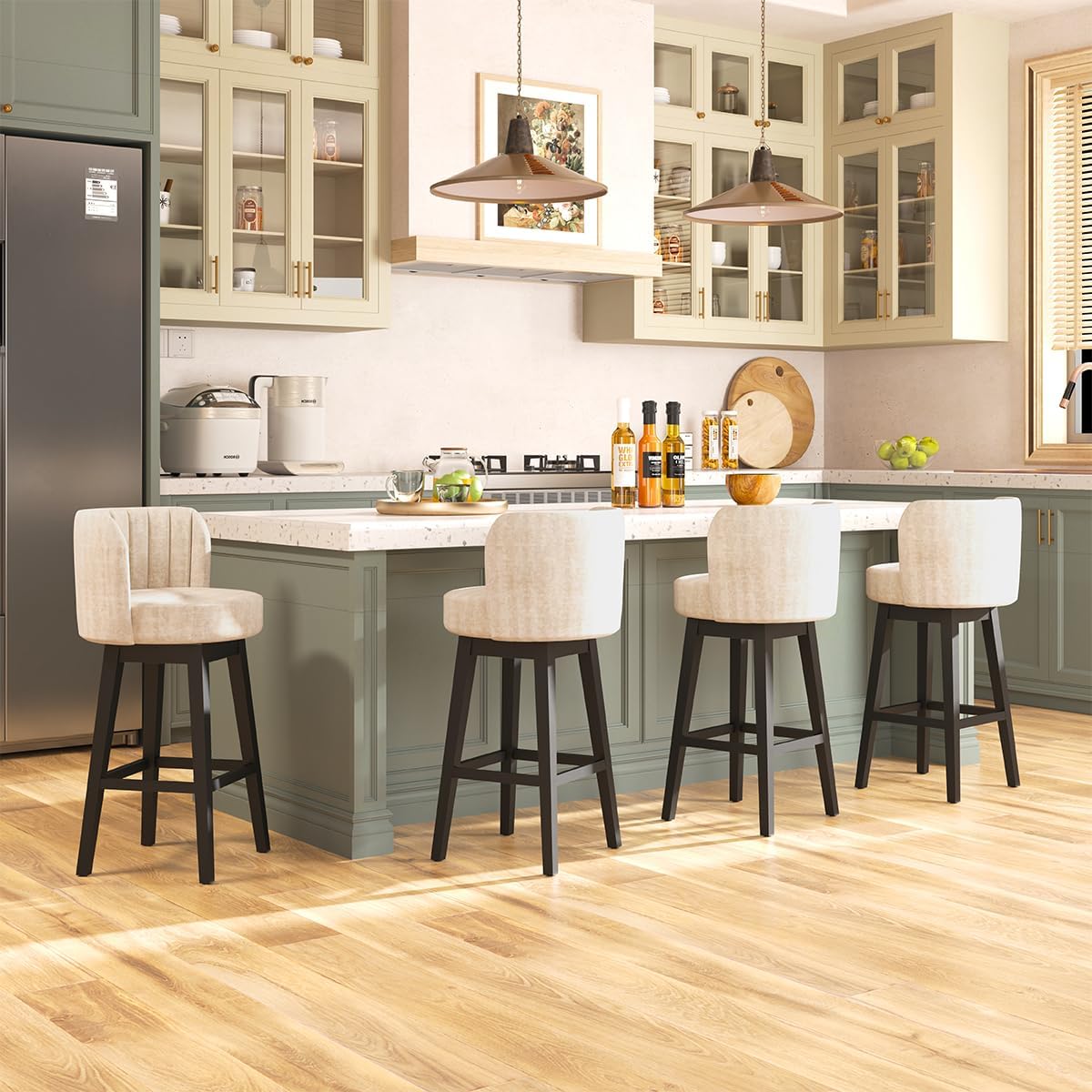 COCO DESIGN Swivel Bar Stools Set of 4, 30" Seat Height Mid Century Modern Bastools with Back, Bar Height Chairs with Velvet Upholstered Seat & Solid Wood Legs for Kitchen Island, Home Bar, Soft Cream