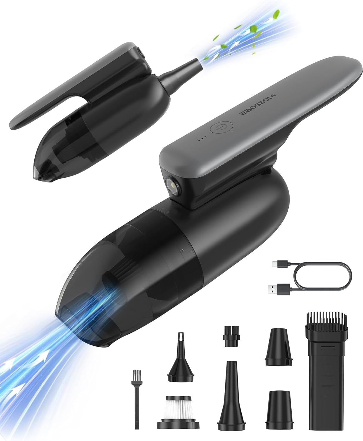 Mini Car Vacuum Foldable with LED Frontlight, 4 in 1 Portable Car Vac with Blowing and Suction Function, Air Duster Suitable for Quick Cleaning of Small Areas, Office, PC