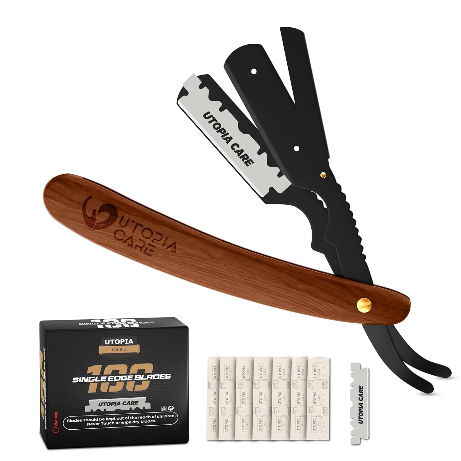 Utopia Care Straight Razors For Men, Professional Barber Straight Edge Razor with 100 Single Edge Blades, Stainless Steel, Beard Shaving Kit For Men, Premium Smooth Natural Wooden Grip, Dark Brown