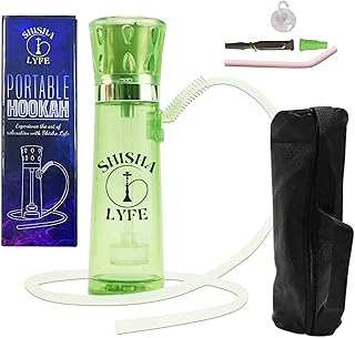 SHISHA LYFE Portable Hookah Mini Cup Set - Transparent (Green) Shisha for Car & Travel with LED Lights, Silicone Hose Pipe, Anti-Scald, Charcoal Holder, Tongs, Reusable Straw, Case Cover Protection