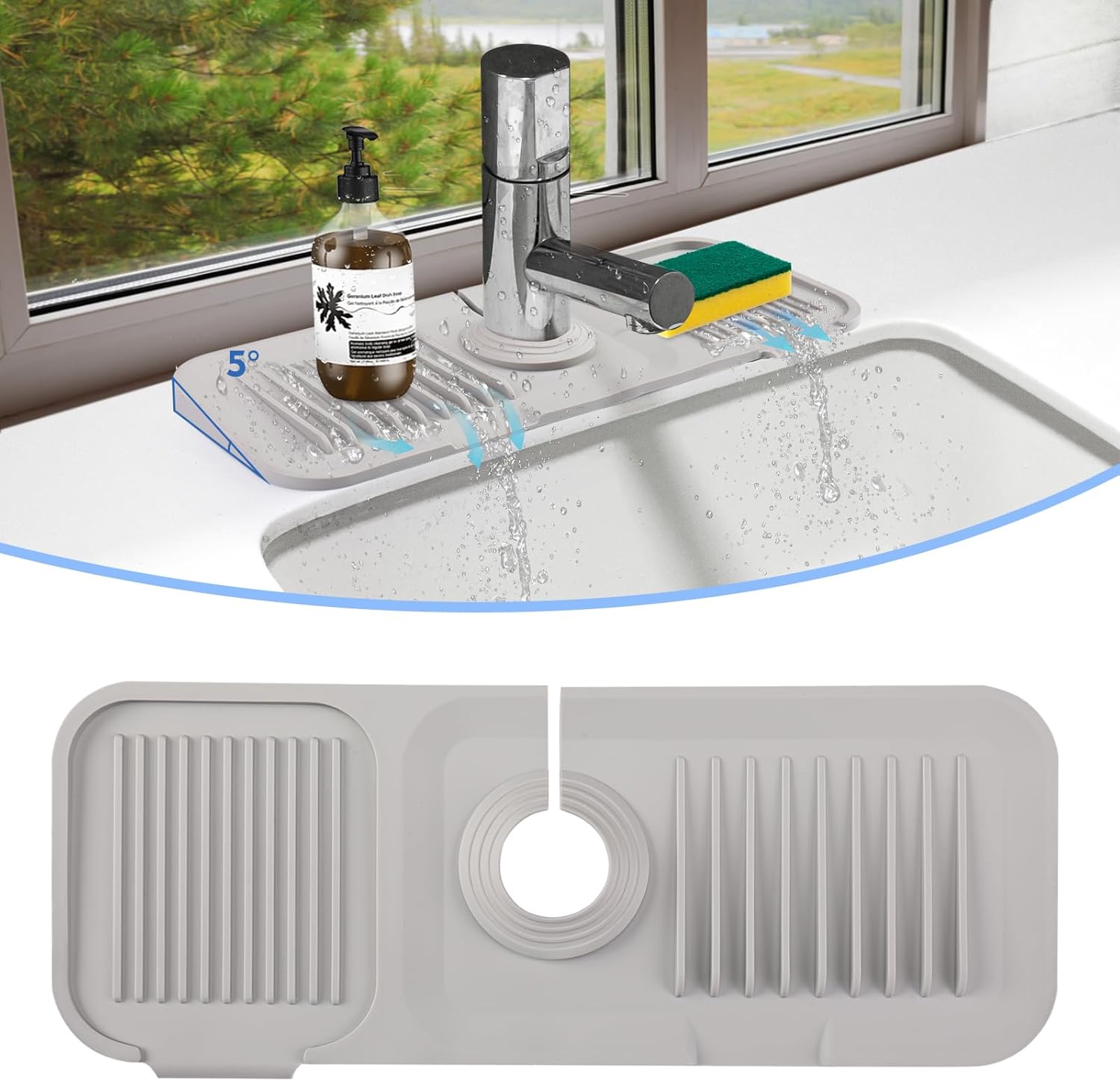 5° Slope Kitchen Silicone Sink Faucet Splash Guard Drain Pad Mat, Kitchen Sink Organizer Gadgets Utensils Decor RV Accessories Protectors, Silicone Draining Mat Sponge Holder for Kitchen Sink Counter