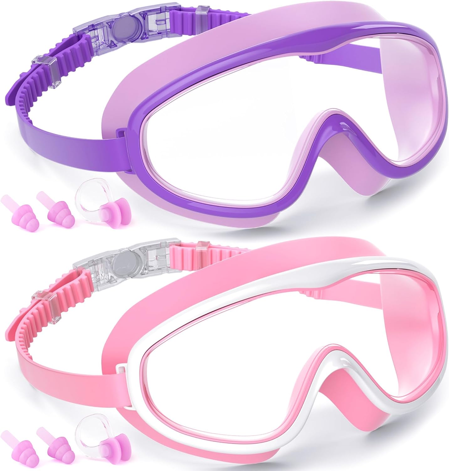 COOLOO Kids Swim Goggles for Age 3-15, 2 Pack Kids Goggles for Swimming with Nose Cover, No Leaking, Anti-Fog, Waterproof