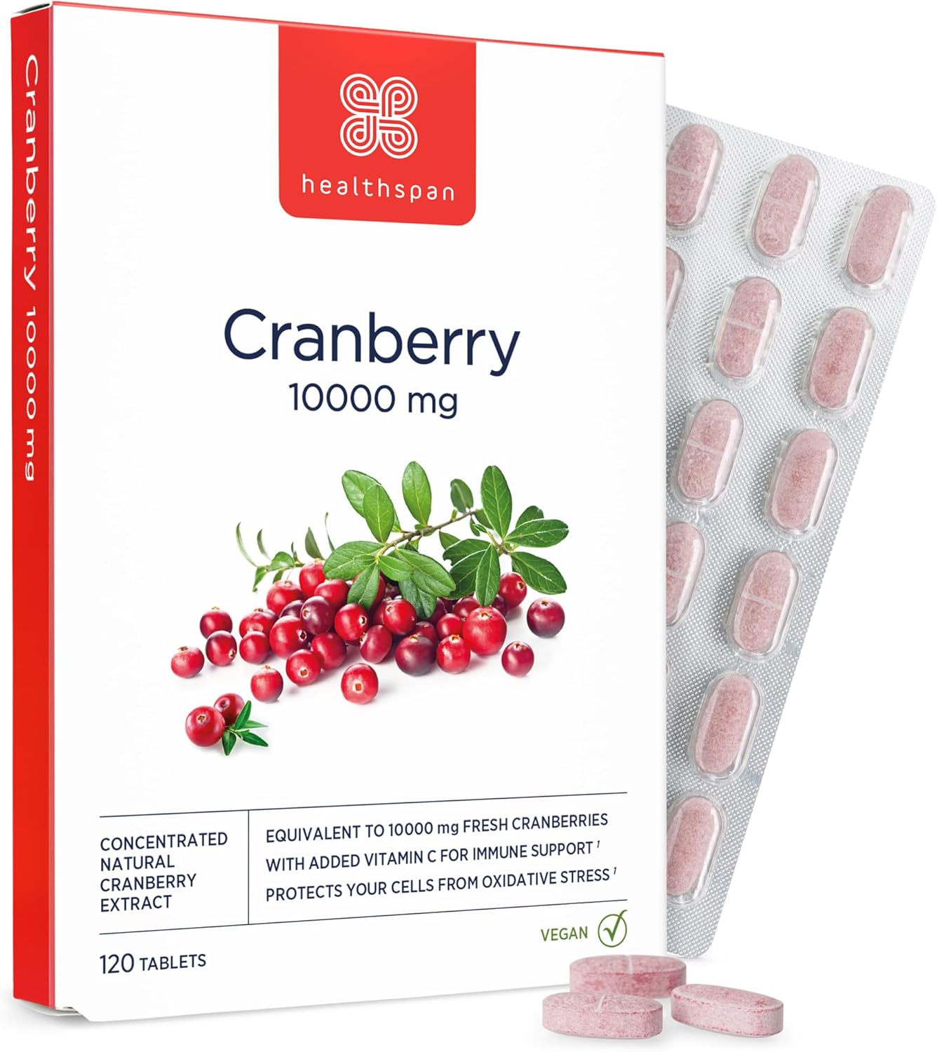 Healthspan Cranberry 10,000mg | 120 Tablets | 10,000mg Whole Cranberries| Support for Your Wellbeing and Immune Health | Added Vitamin C | Vegan