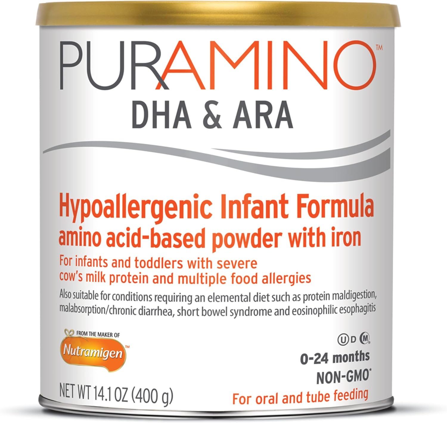 PurAmino Hypoallergenic Infant Drink, for Severe Food Allergies, Omega-3 DHA, Iron, Immune Support, Powder Can, 14.1 Oz