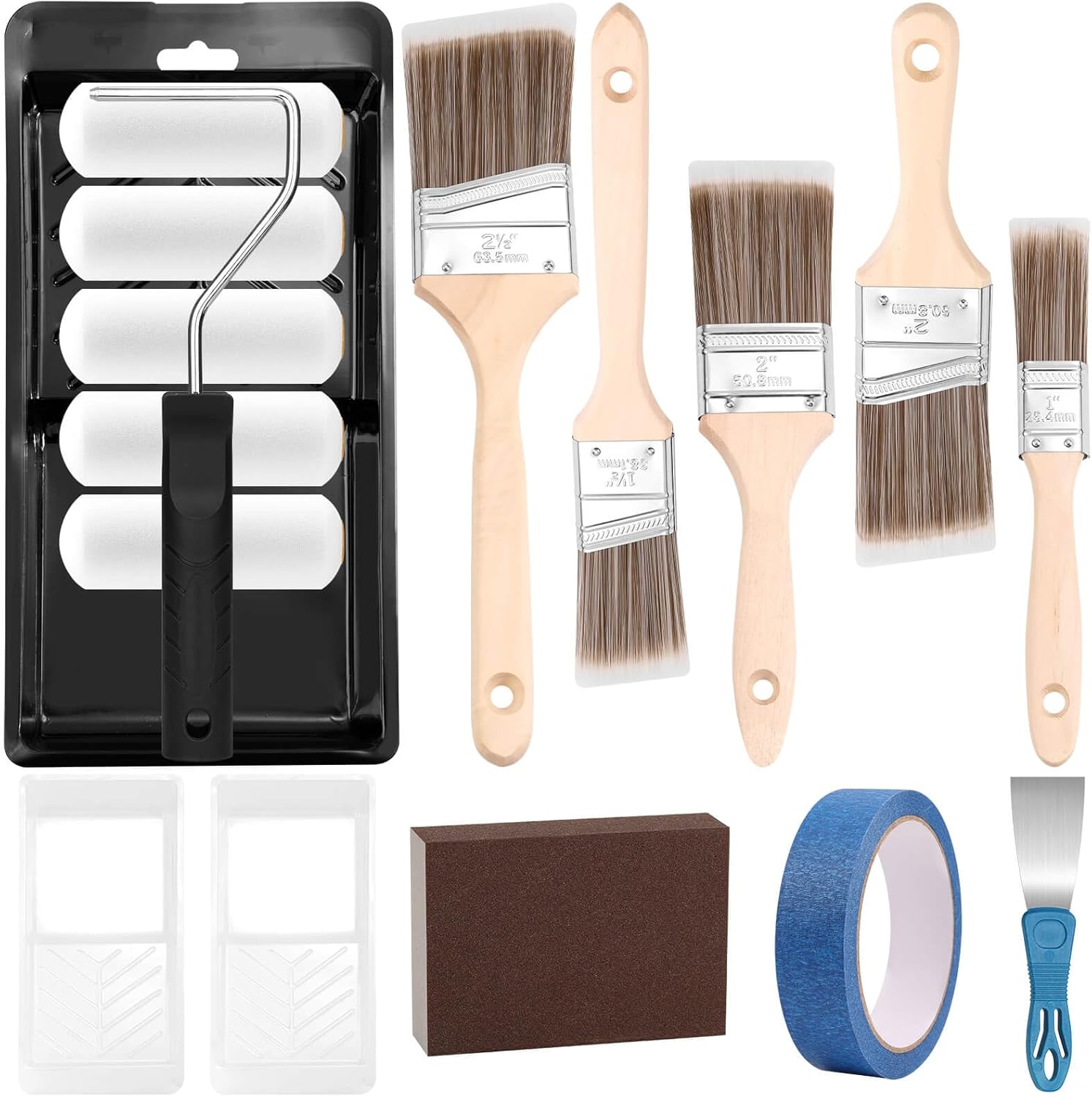 Mckanti Paint Roller Brush Kit for Walls, Painting Supplies Includes Paint Rollers with Tray, Wall Paint Brushes, Painter’s Tape, Sanding Block and Scraper for House Painting and Home Interior