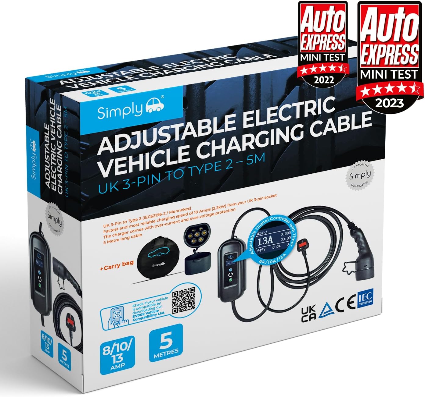 Simply EV009 Premium Adjustable Amperage Electric Vehicle Fast-Charging 3.1kW 8/10/13amp Cable - UK 3Pin to Type 2-5M - Durable and Flexible with Digital Controller and Carry Bag