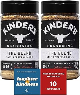 Kinders The Blend Seasonings Bundle - Two XL 10.5-ounce Bottles + 10 Recipe Ideas + Fridge Decal, Great for Grilling Meats & More (Garlic Salt, Pepper, No MSG) from FOXTAIL COLLECTIVE. Gluten-Free & Non-GMO