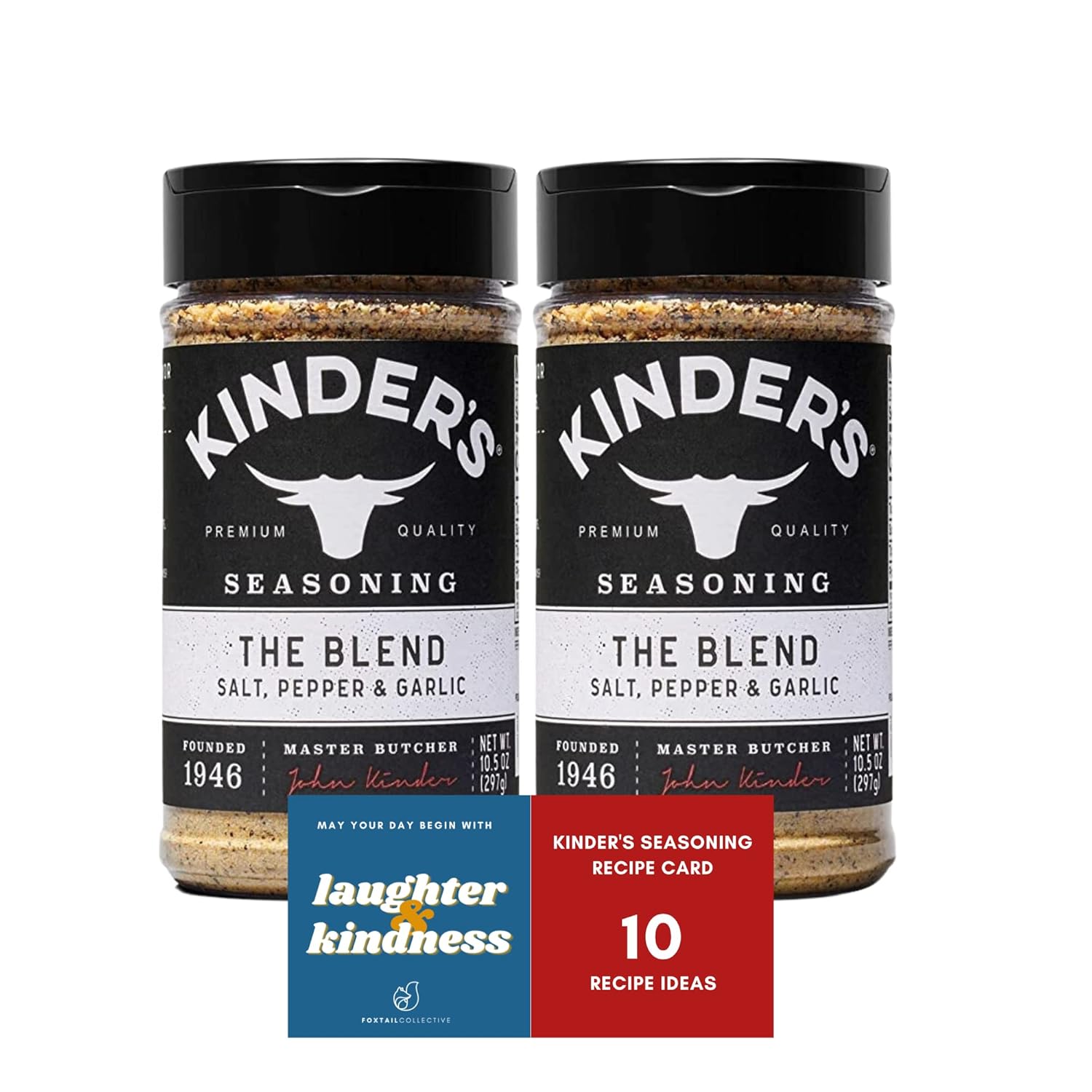 Kinders The Blend Seasonings Bundle - Two XL 10.5-ounce Bottles + 10 Recipe Ideas + Fridge Decal, Great for Grilling Meats & More (Garlic Salt, Pepper, No MSG) from FOXTAIL COLLECTIVE. Gluten-Free & Non-GMO