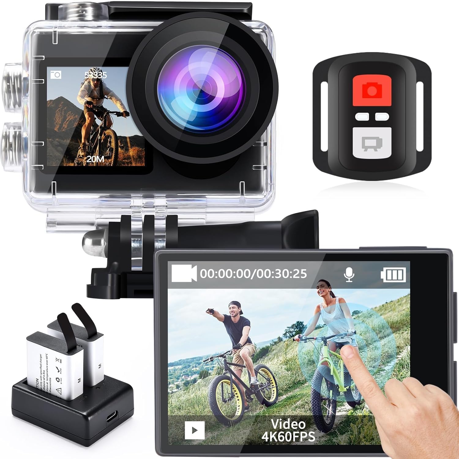 icefox i8 4K Action Camera, 20MP Sports Camera with EIS, 5X Zoom and WiFi, Snap-Pro App, Remote Control, 2 Batteries, Bike Mount for Cycling, POV Video, Vlogging and Travel, 98FT Waterproof Camera