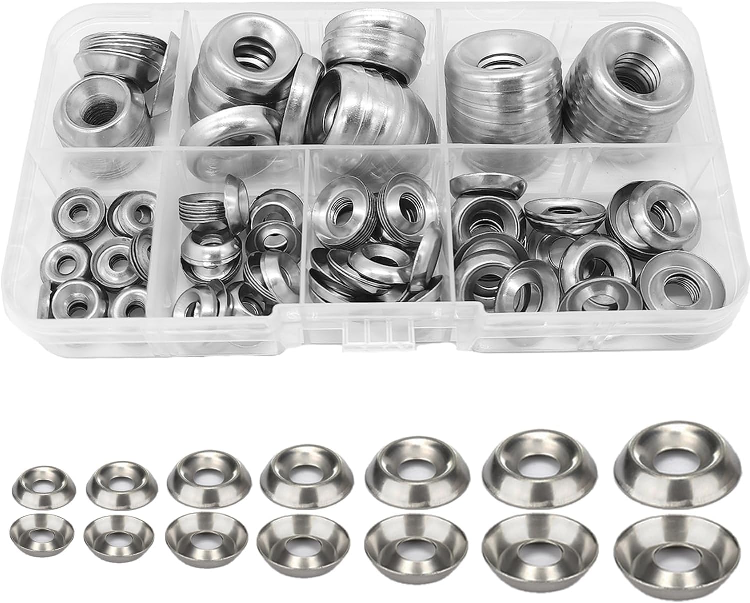 WeqeYent 180 Pcs Cup Washers, Metal Washers for Screws(M3-M9), Stainless Steel Countersunk Decorative Washers (#4#6#8#10#12#14#16)
