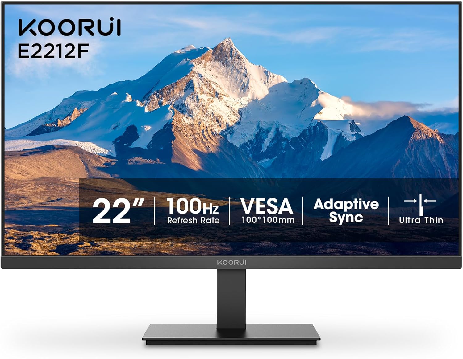 KOORUI 22 Inch Computer Monitor Full HD 1080P 100Hz PC Gaming Screen VA Panel Ultra-Slim Display 3000:1 Contrast Ratio with Adpitive Sync (HDMI/VGA/VESA Compatible 100x100mm/Audio Out), Tilt, Black