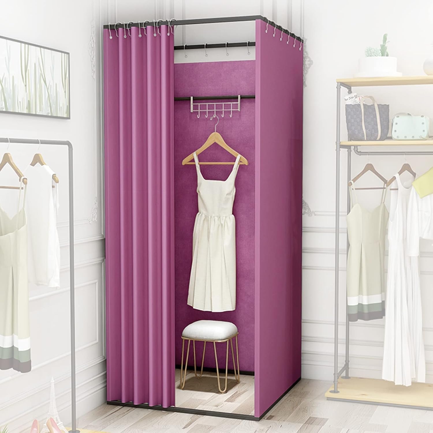 Clothing Store Fitting Room Linen Curtains Privacy Screen for Office Clothing Store Bedroom Mobile Tracking Storage Room with Grommets 12 Colours(85x85x200cm)