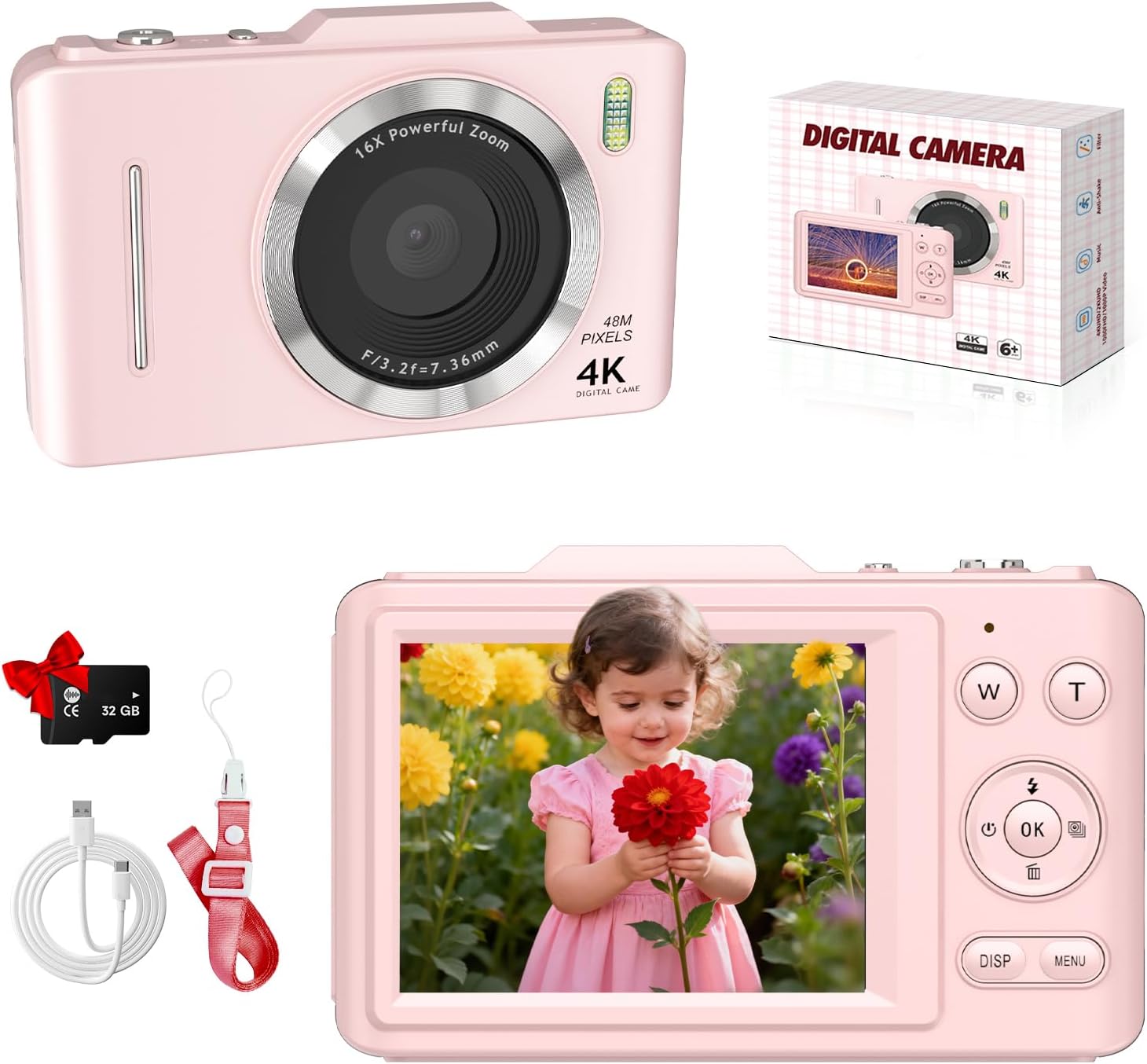 Digital Camera, 1080P FHD 4K 48MP Autofocus Compact Digital Camera with 2.8" LCD Screen, 16X Digital Zoom Digital Cameras with 32GB Card, Vlogging Camera for Kids Beginners Teens Students, Pink