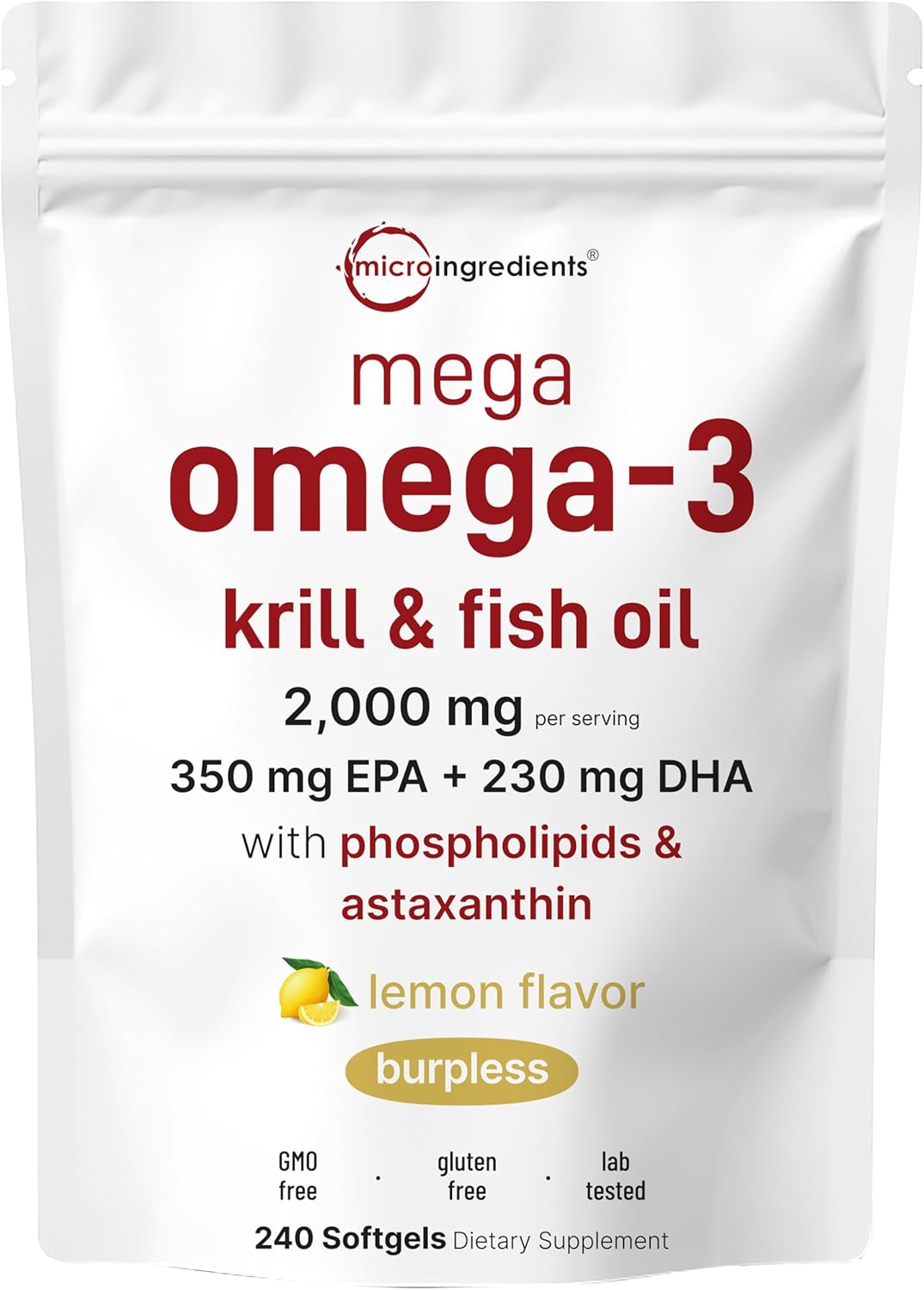 Mega Omega-3 Krill & Fish Oil 2,000mg Equivalent, 240 Softgels | Lemon Flavored | Burpless | Essential Fatty Acids & Astaxanthin | EPA 350mg + DHA 230mg | Heart & Brain Supplement