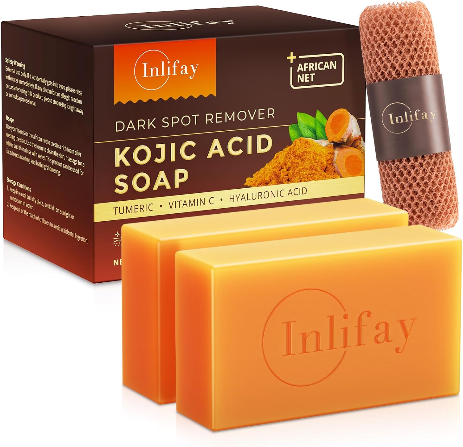 Inlifay Kojic Acid Soap Bar: Dark Spot Remover with Turmeric - Skin Cleasing for Women with Hyperpigmentation - Home Travel Use with African Net Sponge in Summer