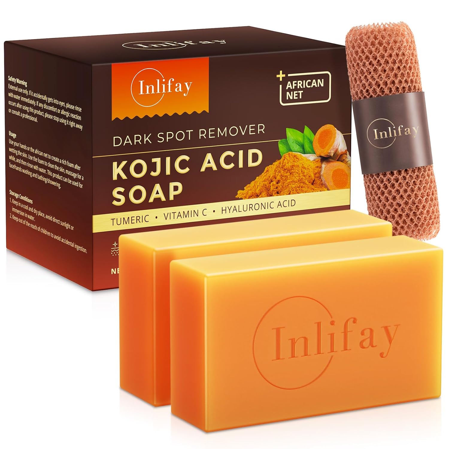 Inlifay Kojic Acid Soap Bar: Dark Spot Remover with Turmeric - Skin Cleasing for Women with Hyperpigmentation - Home Travel Use with African Net Sponge in Summer