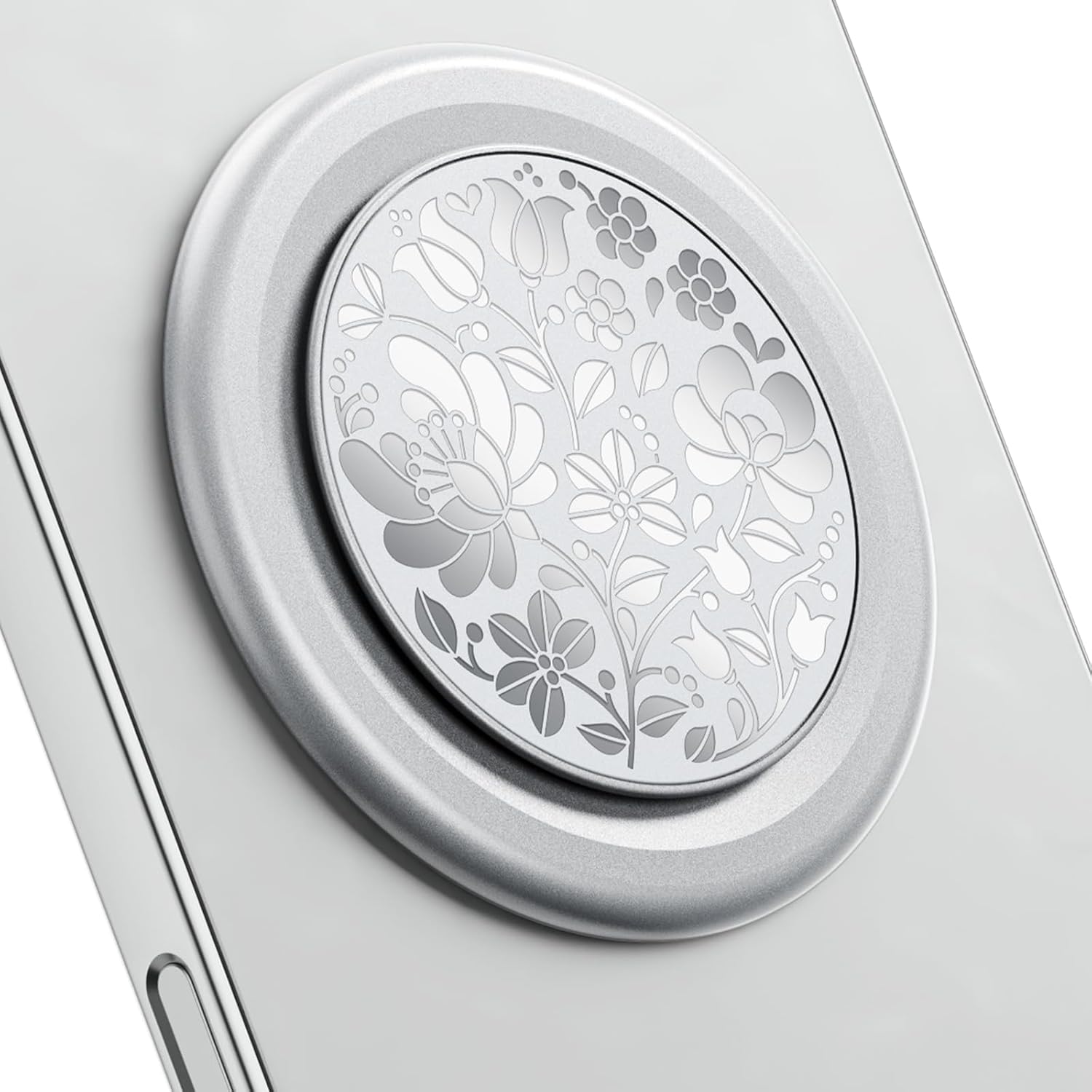 Slim Adhesive Phone Ring Holder – Foldable Grip and Kickstand Compatible with iPhone & Android – 360° Rotation, Ultra Thin and Strong Hold - Silver Floral
